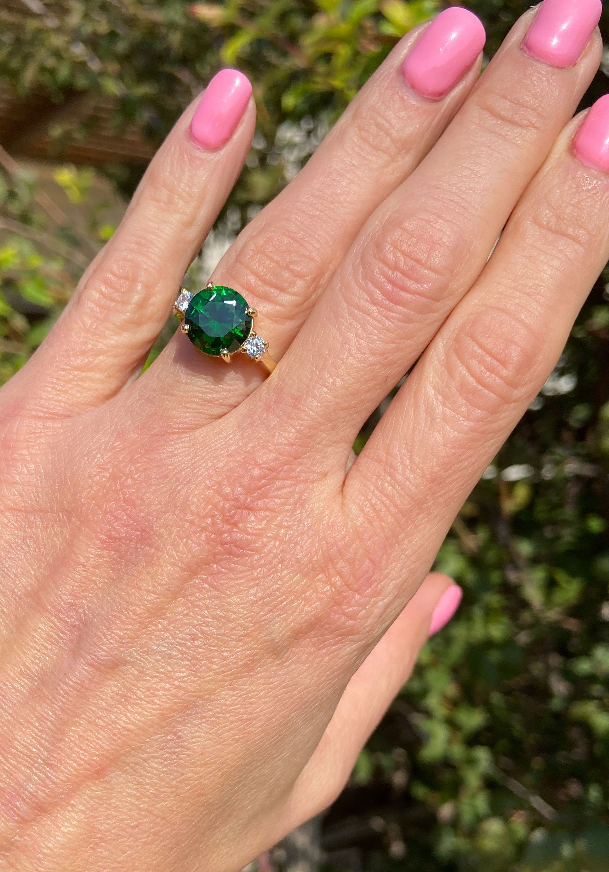 Emerald Ring - May Birthstone - Statement Engagement Ring with Round Emerald Gemstone and Clear Quartz Accents - H.L.Jewelry