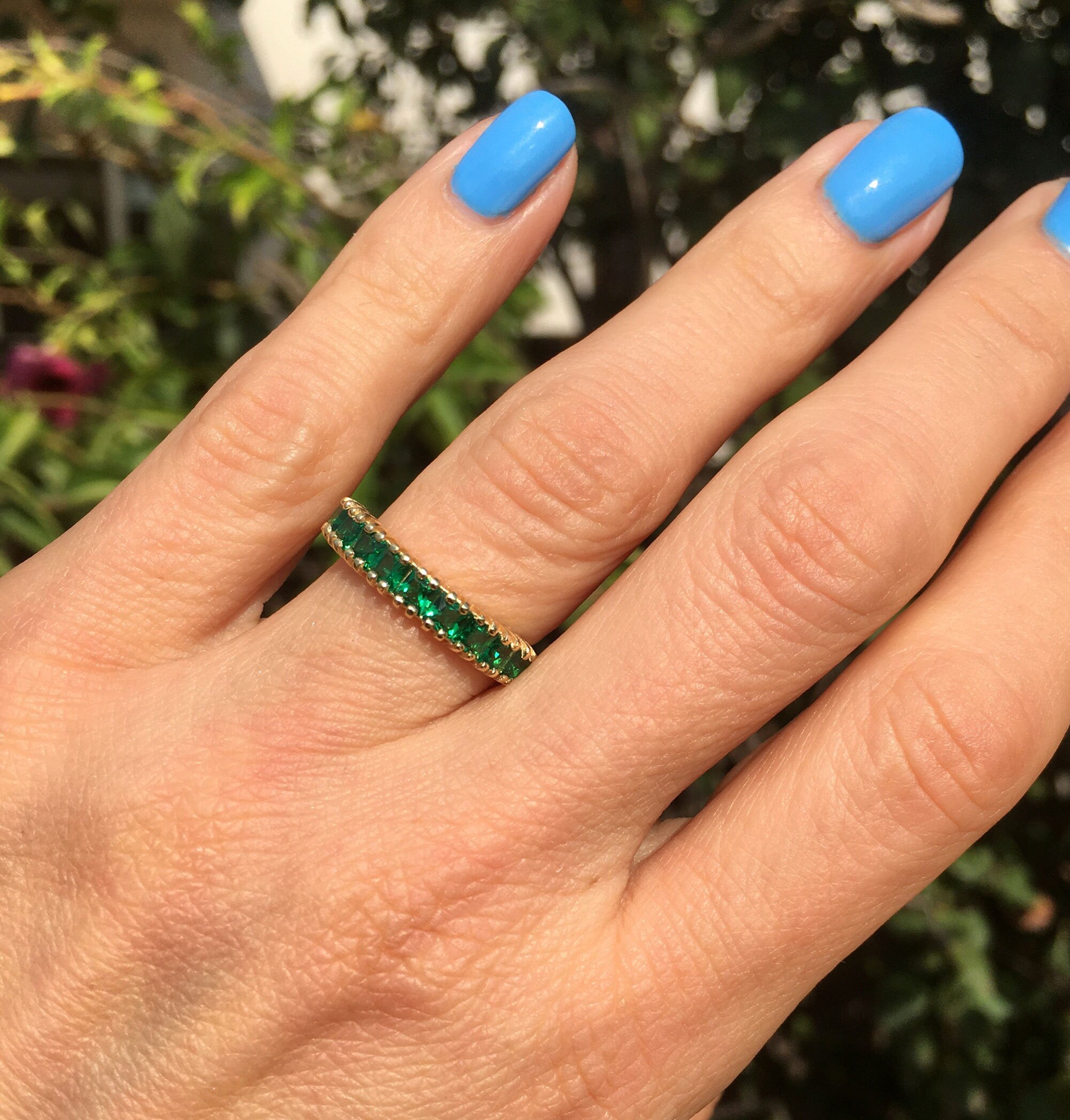 Emerald Ring - May Birthstone - Stacking Half Eternity Ring with Nine Square Emerald Gemstones - H.L.Jewelry