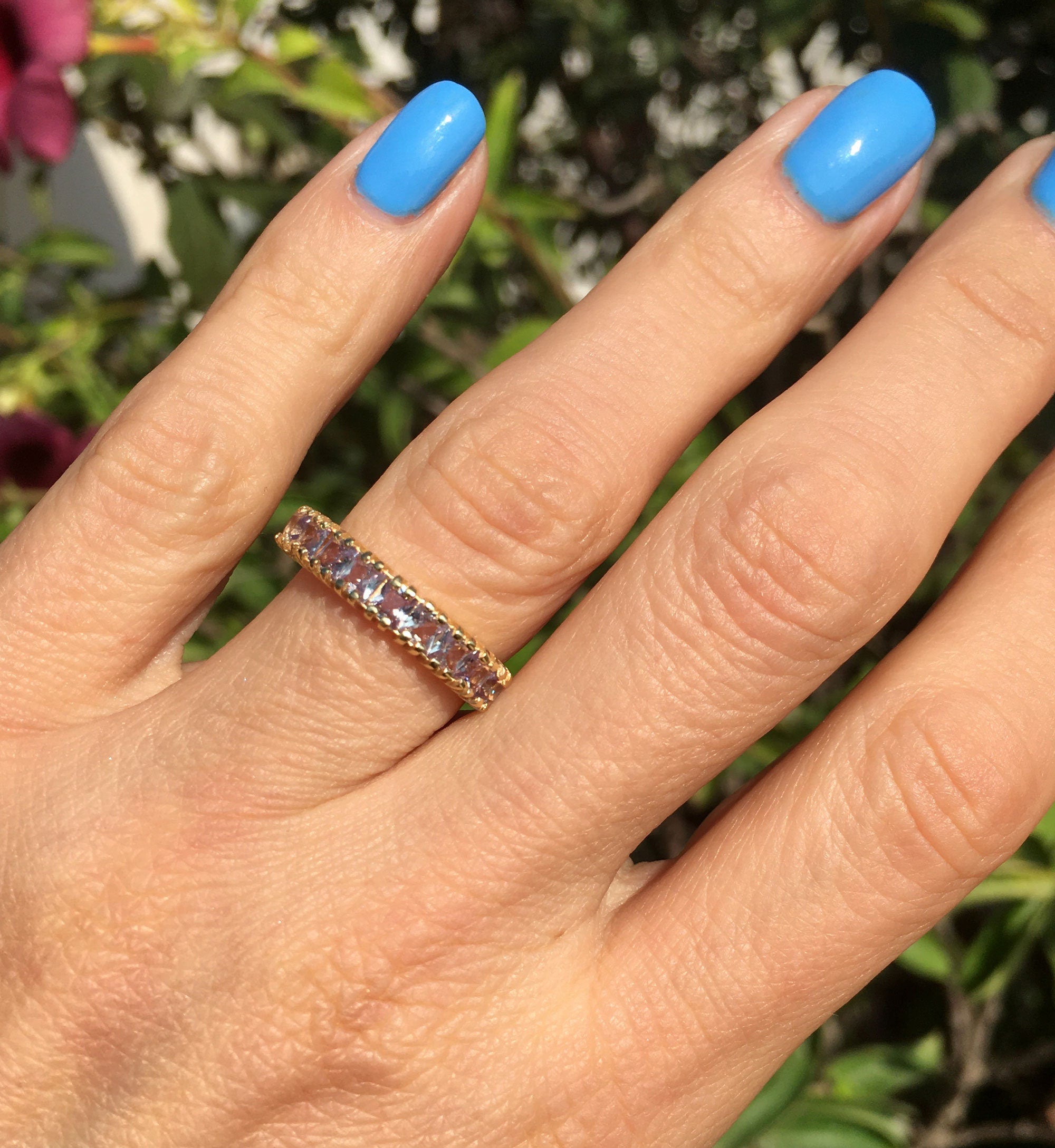 Alexandrite Ring - June Birthstone - Stacking Ring with Nine Square Alexandrite Stones - H.L.Jewelry