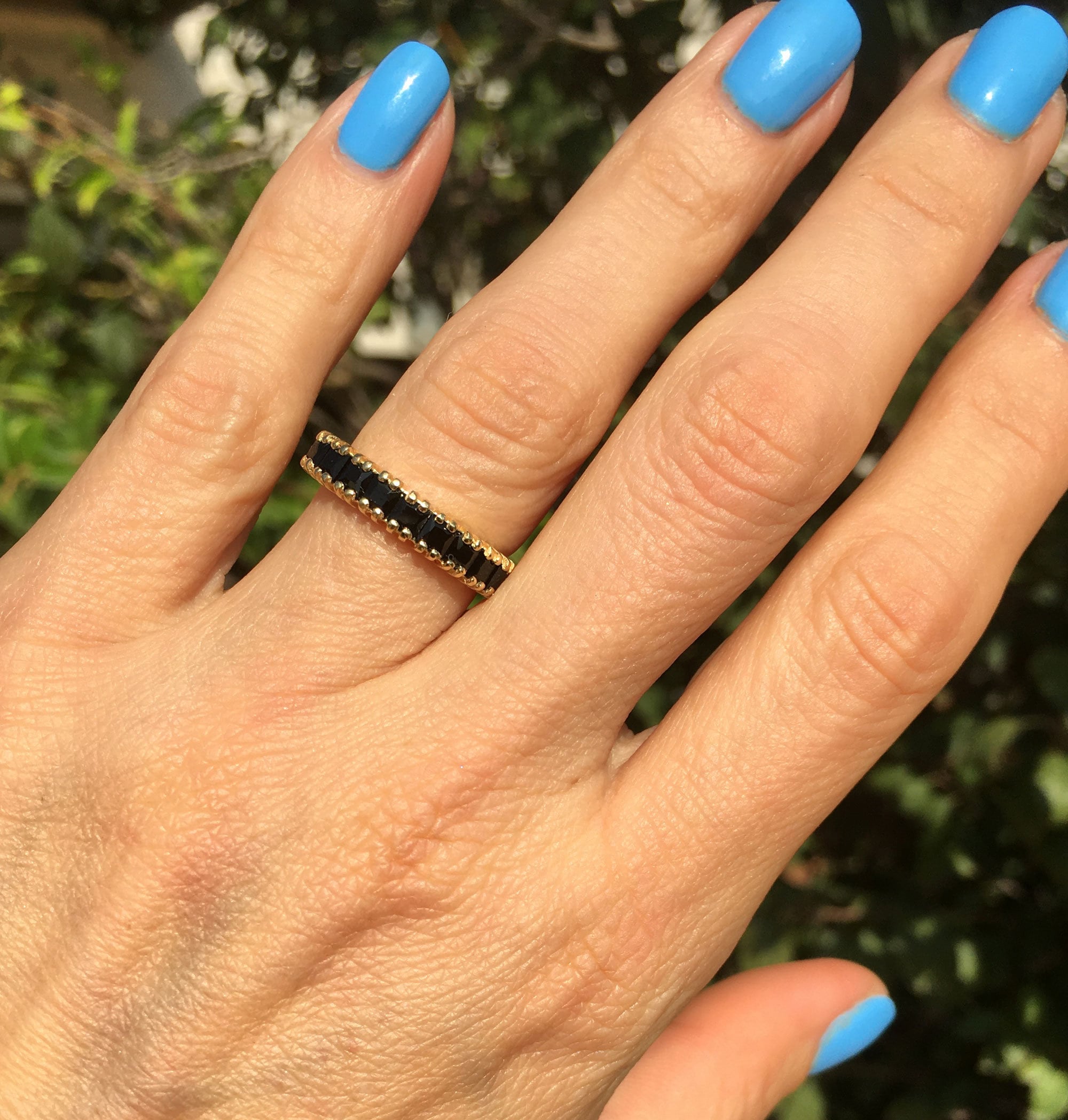 Black Onyx Ring - December Birthstone - Stacking Ring with Nine Square Black Onyx Gemstones - H.L.Jewelry