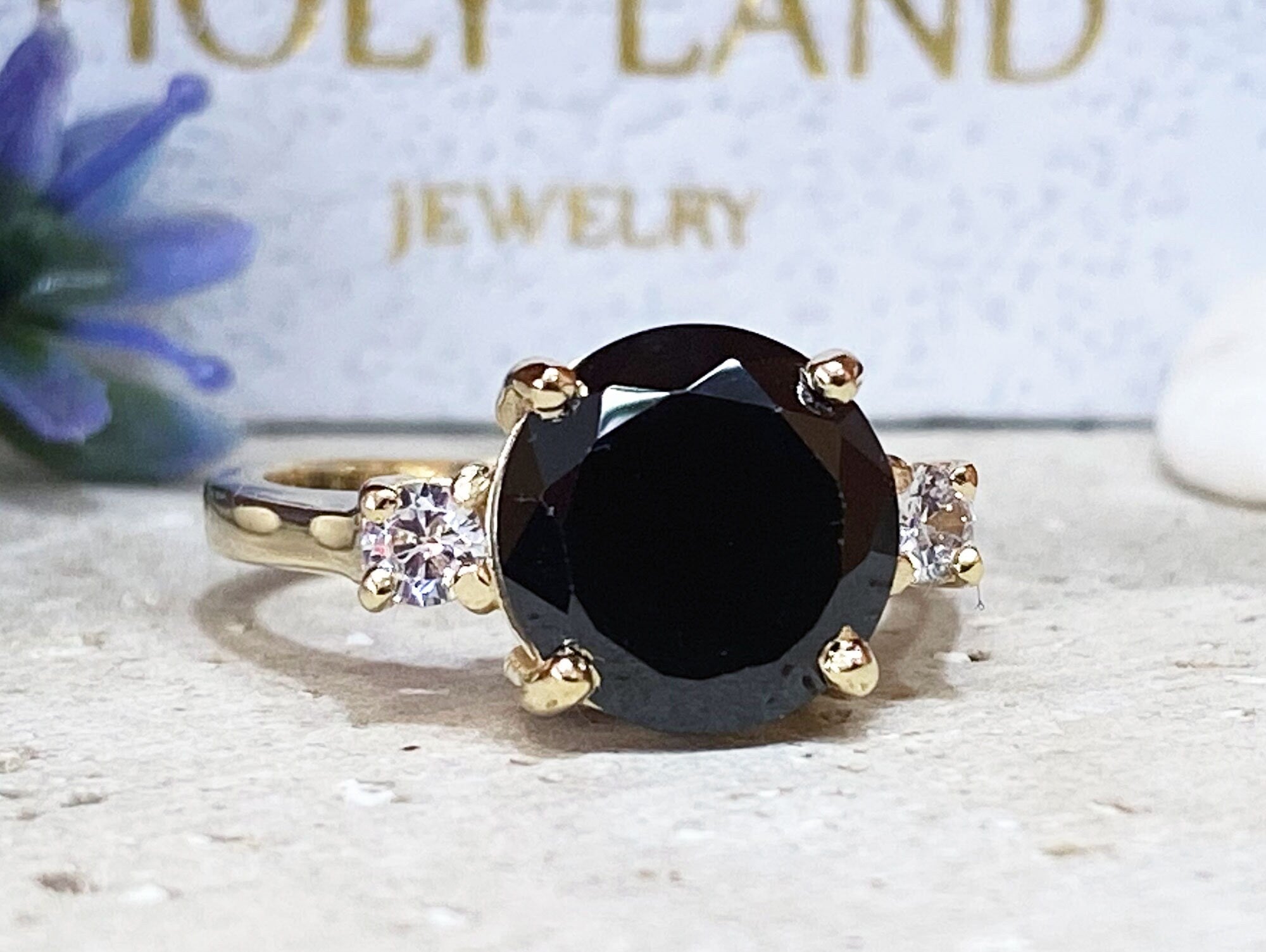 Black Onyx Ring - December Birthstone - Statement Engagement Ring with Round Black Onyx Gemstone and Clear Quartz Accents - H.L.Jewelry