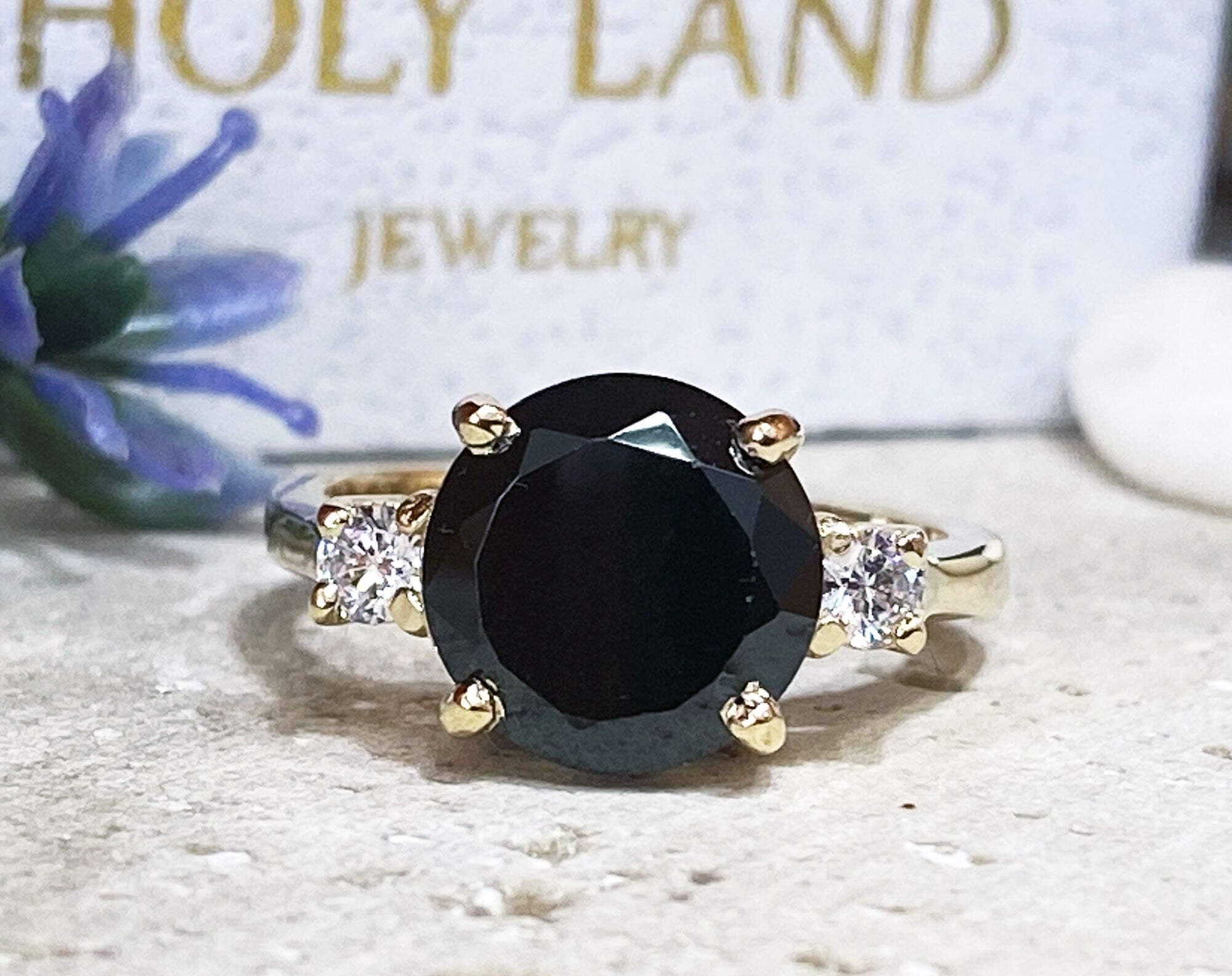 Black Onyx Ring - December Birthstone - Statement Engagement Ring with Round Black Onyx Gemstone and Clear Quartz Accents - H.L.Jewelry