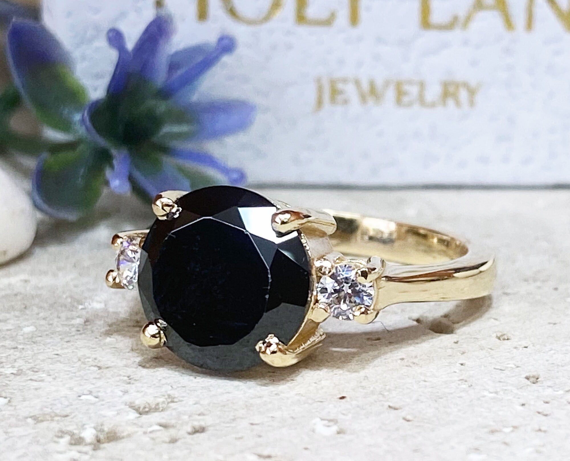 Black Onyx Ring - December Birthstone - Statement Engagement Ring with Round Black Onyx Gemstone and Clear Quartz Accents - H.L.Jewelry