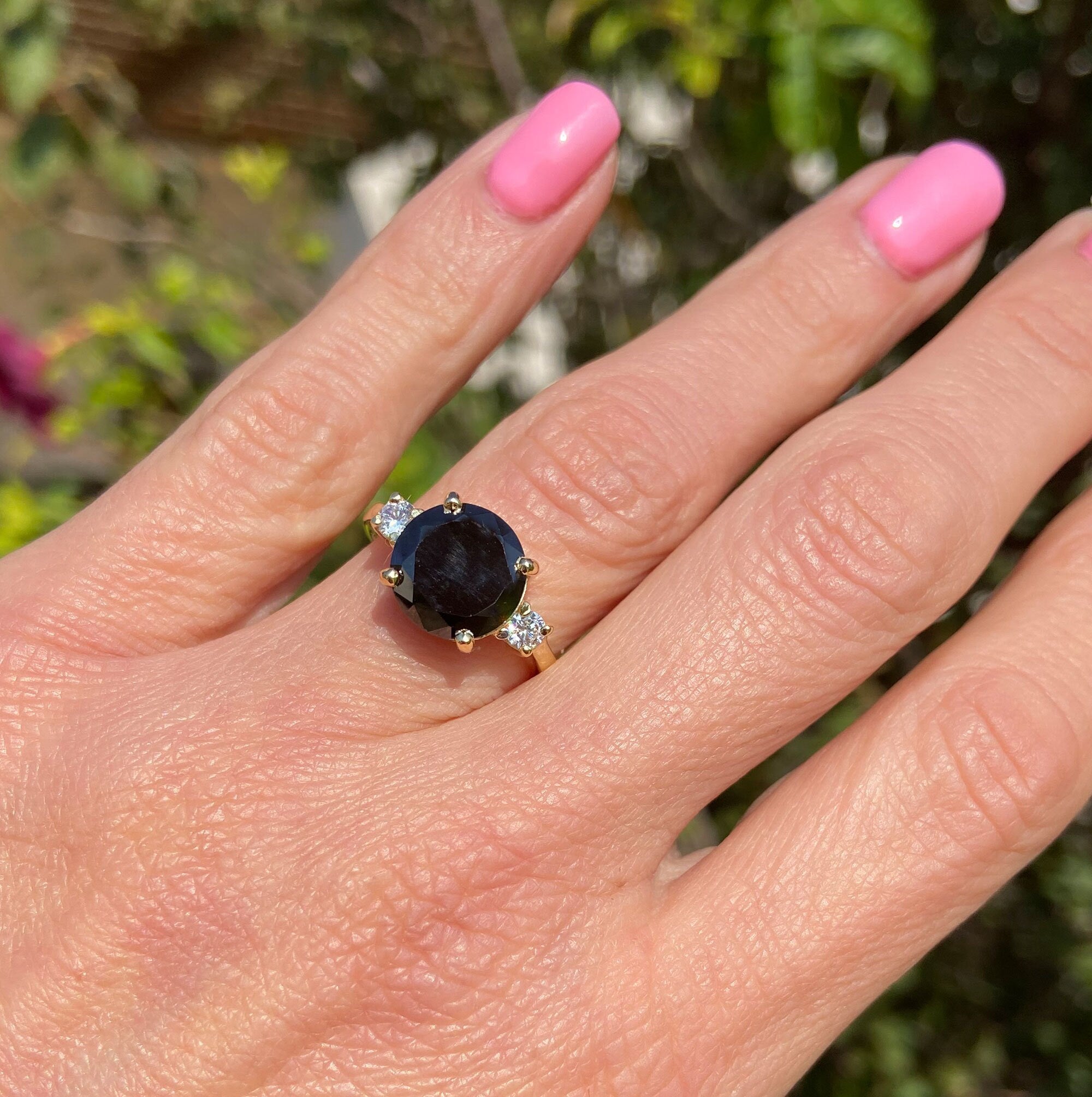 Black Onyx Ring - December Birthstone - Statement Engagement Ring with Round Black Onyx Gemstone and Clear Quartz Accents - H.L.Jewelry