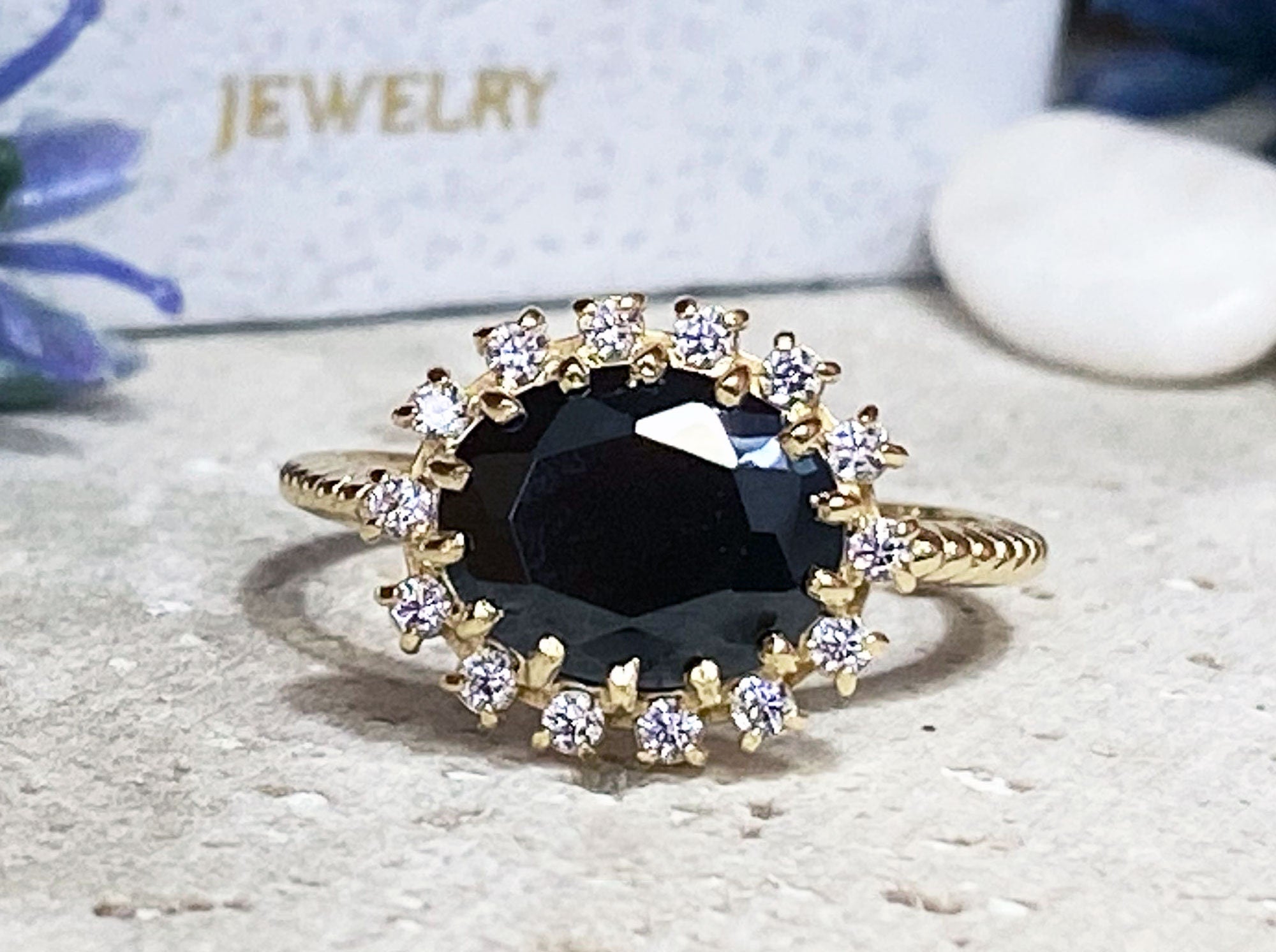 Black Onyx Ring - December BIrthstone - Engagement Ring with Oval Black Onyx Gemstone and Clear Quartz Halo - H.L.Jewelry