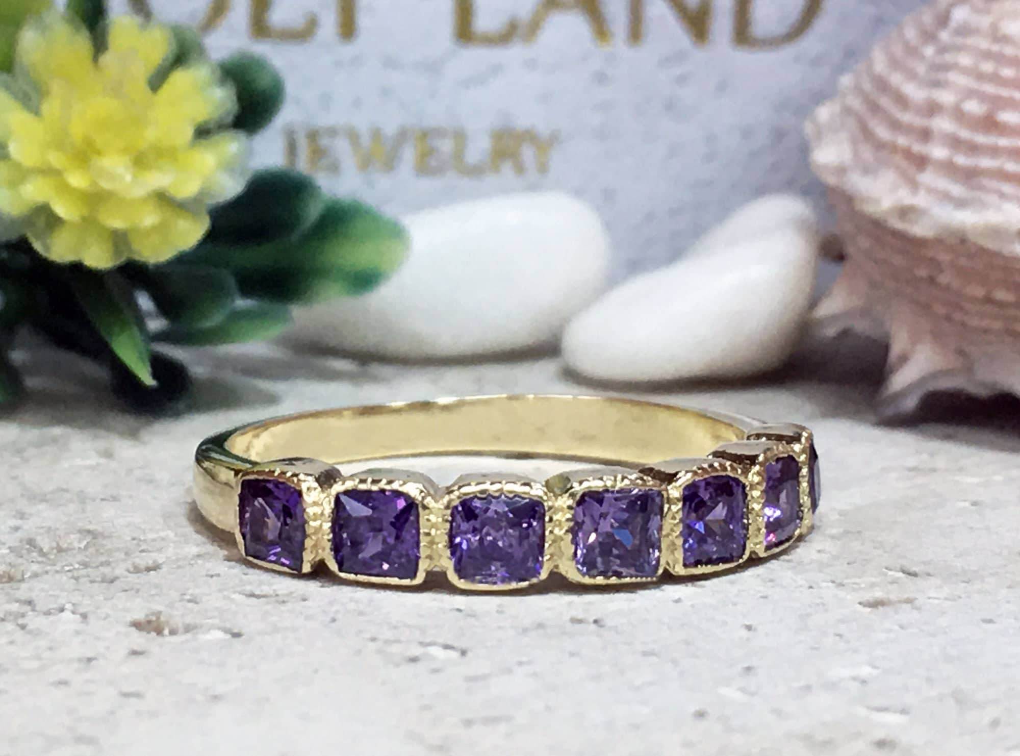 Purple Amethyst Ring - February Birthstone - Seven Square Purple Amethyst Gemstones Stacking Ring - H.L.Jewelry