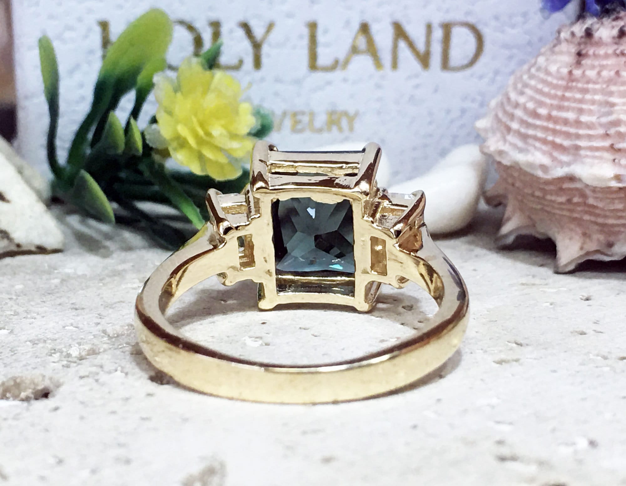 Green Tourmaline Ring - Statement Engagement Ring with Emerald-Cut Green Tourmaline Gemstone and Clear Quartz Accents - H.L.Jewelry