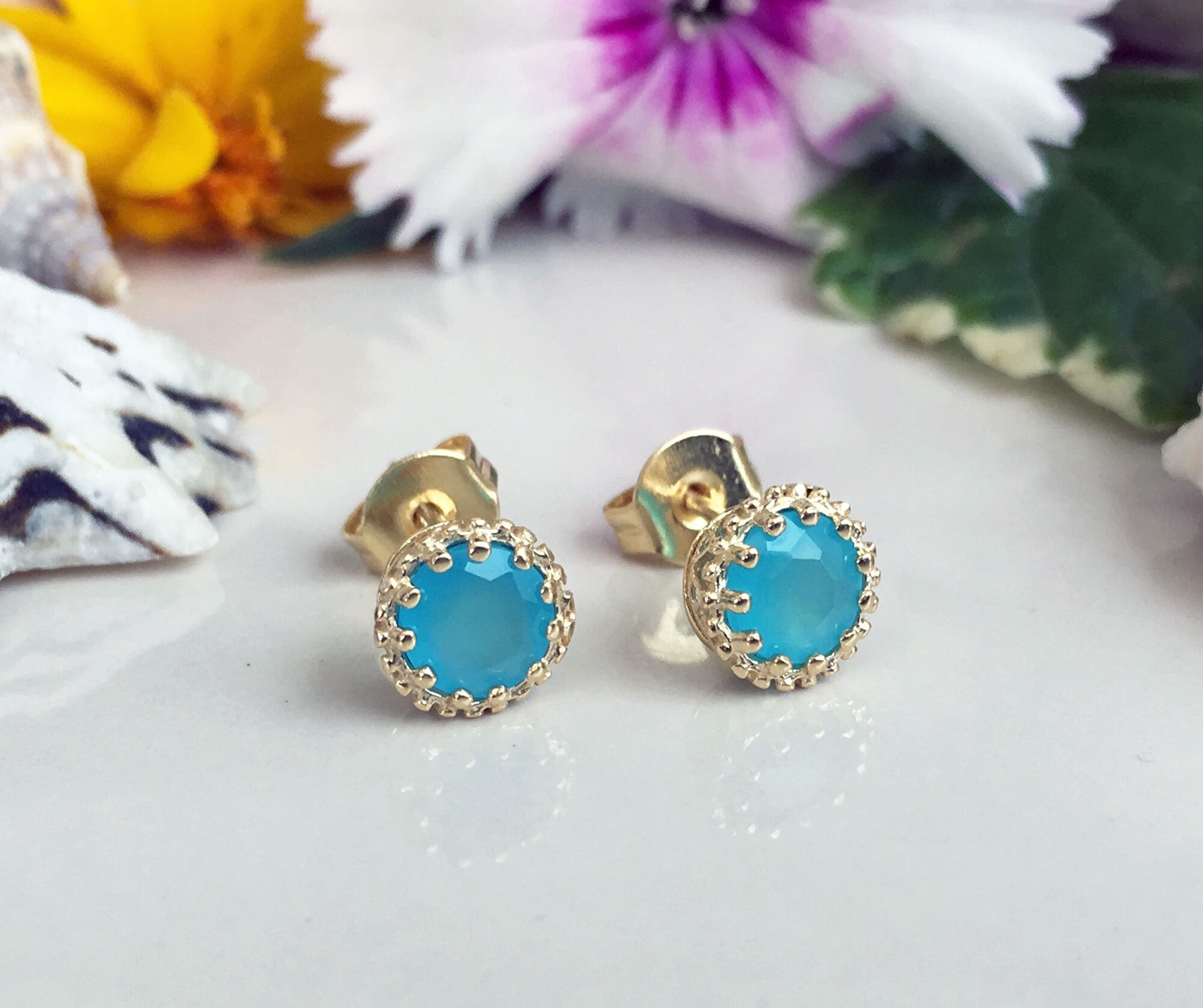 Blue Chalcedony Earrings - Small Round Stud Earrings with Blue Chalcedony Gemstones - H.L.Jewelry