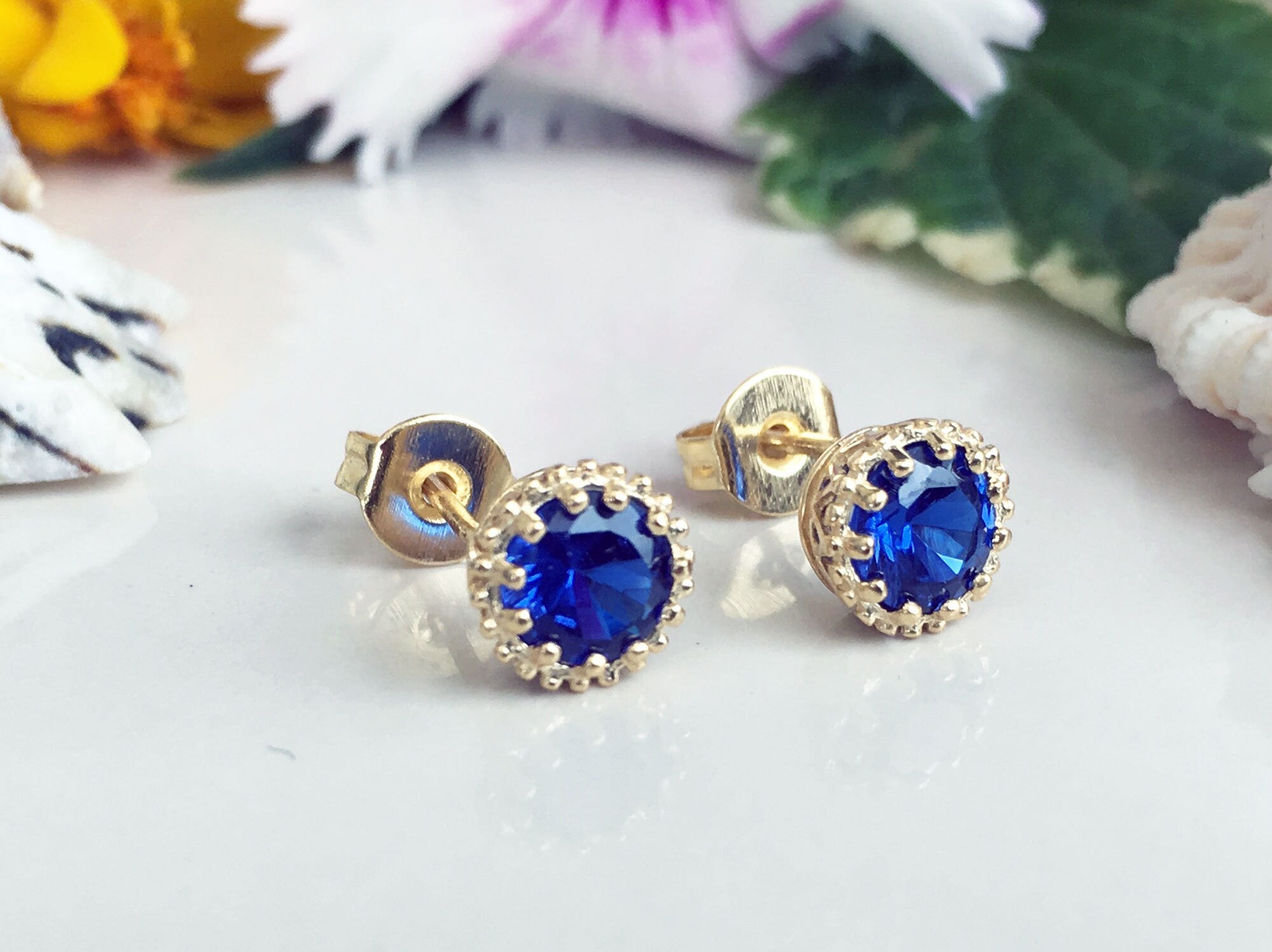 Blue Sapphire Earrings - September Birthstone Jewelry - Blue Sapphire Gemstone Small Round Stud Earrings - H.L.Jewelry