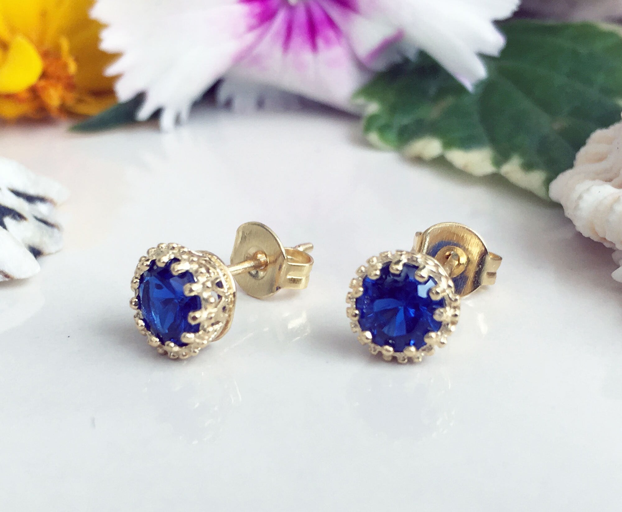 Blue Sapphire Earrings - September Birthstone Jewelry - Blue Sapphire Gemstone Small Round Stud Earrings - H.L.Jewelry