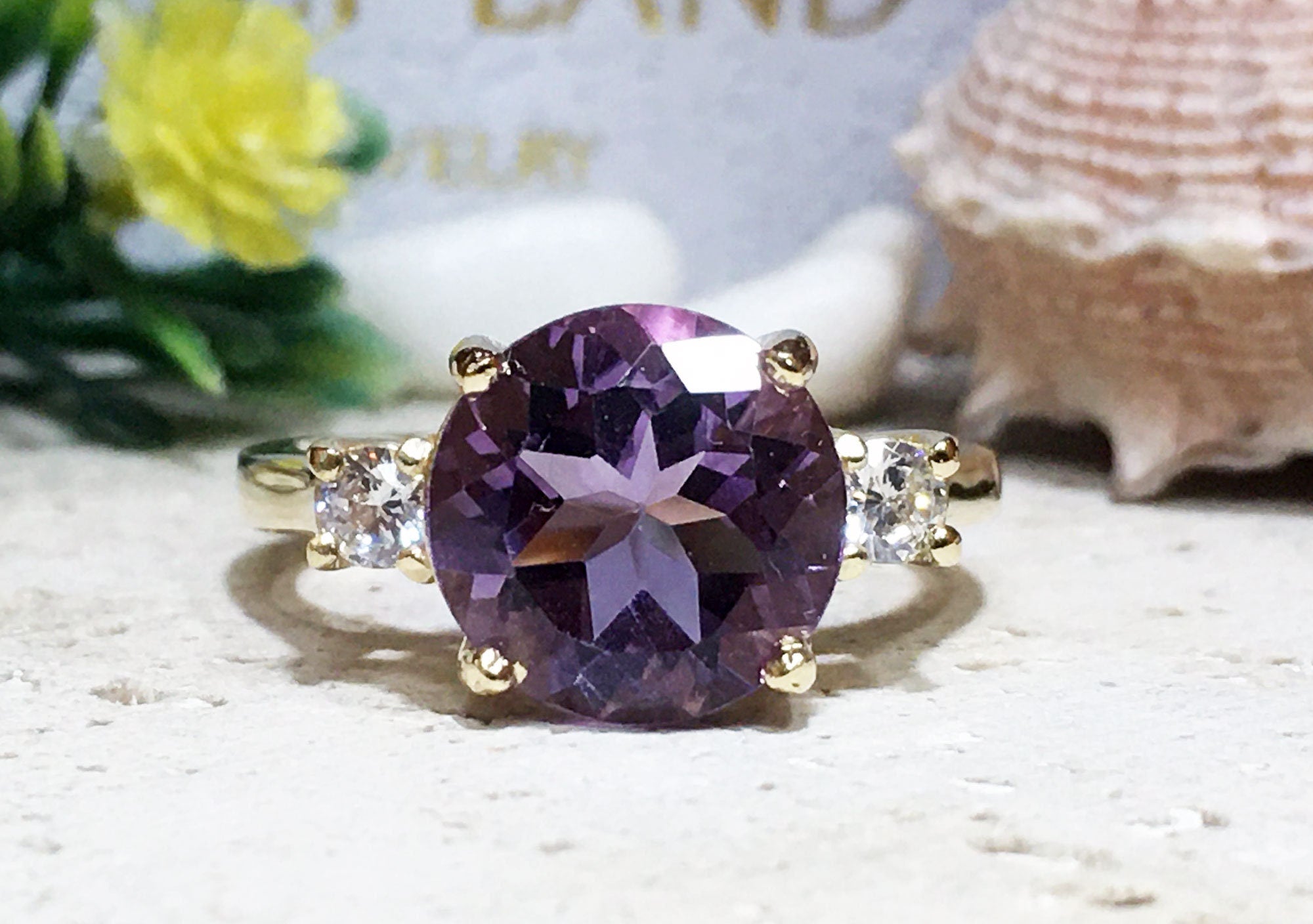 Purple Amethyst Ring - February Birthstone - Round Purple Amethyst Gemstone Statement Engagement Ring with Clear Quartz Accents - H.L.Jewelry