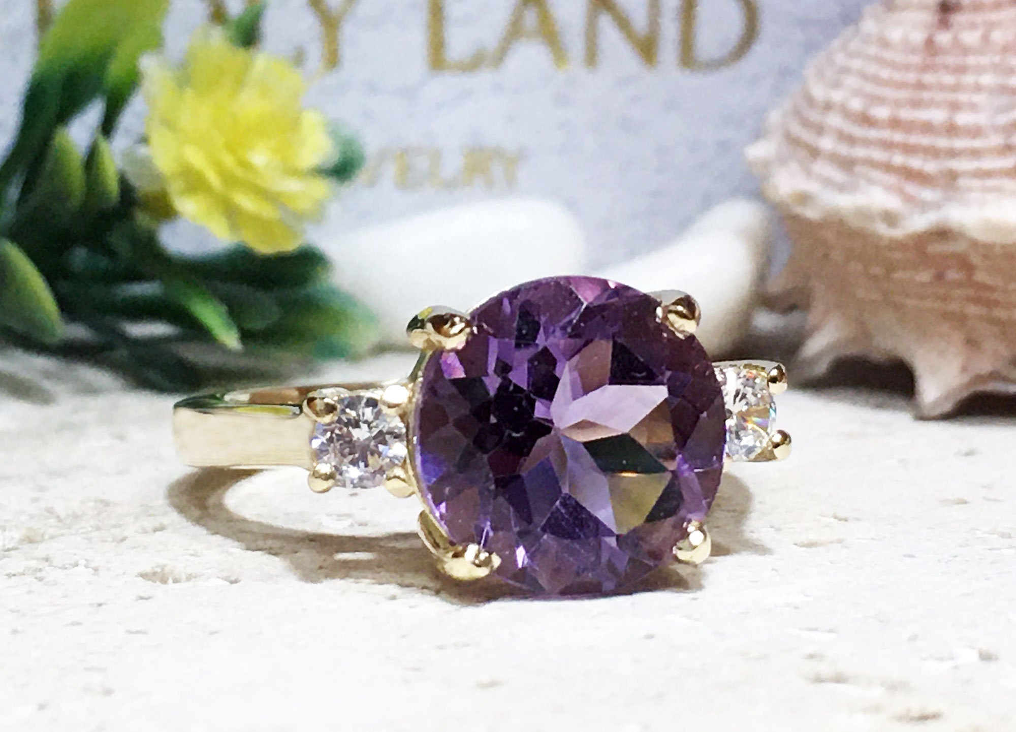 Purple Amethyst Ring - February Birthstone - Round Purple Amethyst Gemstone Statement Engagement Ring with Clear Quartz Accents - H.L.Jewelry