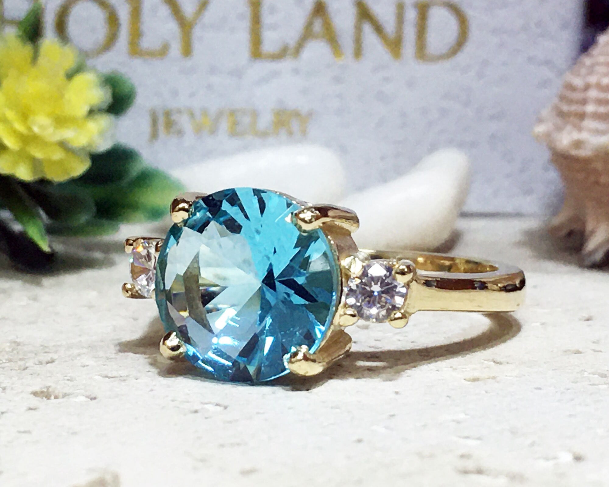 Aquamarine Ring - March Birthstone - Round Aquamarine Engagement Ring and Clear Quartz Accents - H.L.Jewelry