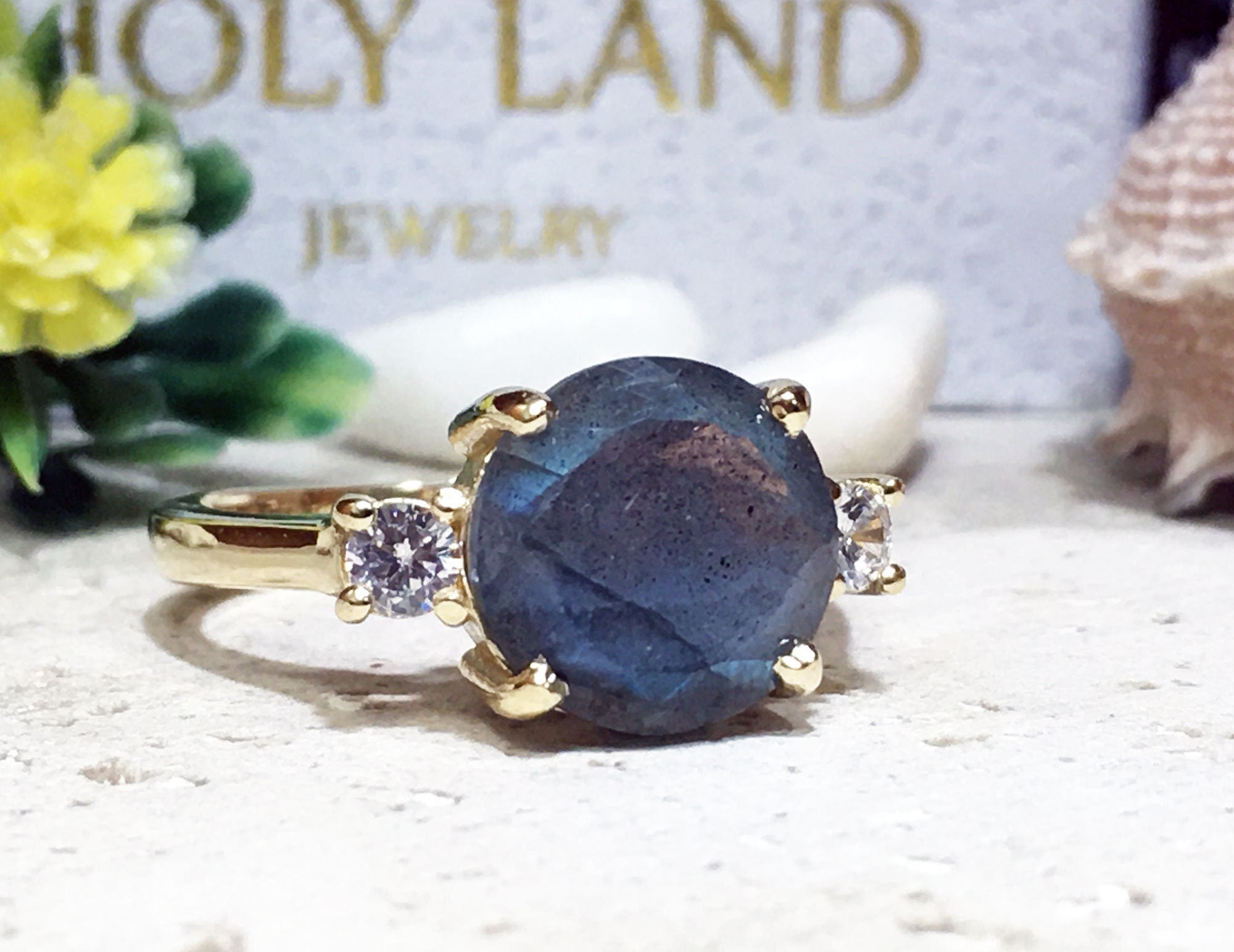 Labradorite Ring - Statement Engagement Ring with Round Labradorite Gemstone and Clear Quartz Accents - H.L.Jewelry