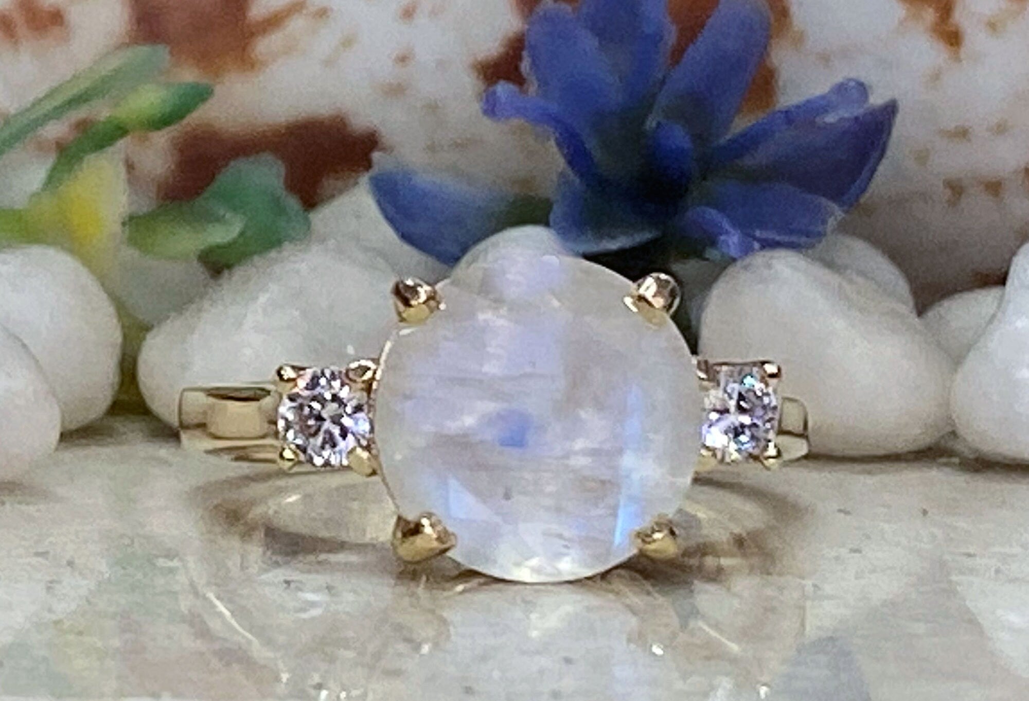 Rainbow Moonstone Ring - June Birthstone - Round Rainbow Moonstone Statement Engagement Ring with Clear Quartz Accents - H.L.Jewelry