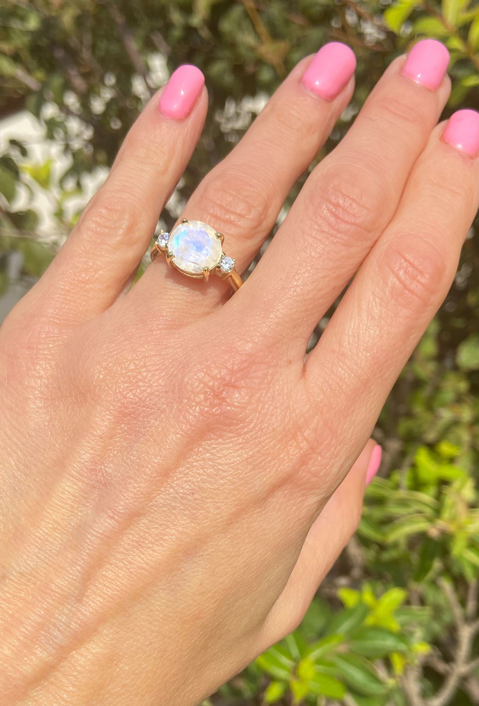 Rainbow Moonstone Ring - June Birthstone - Round Rainbow Moonstone Statement Engagement Ring with Clear Quartz Accents - H.L.Jewelry