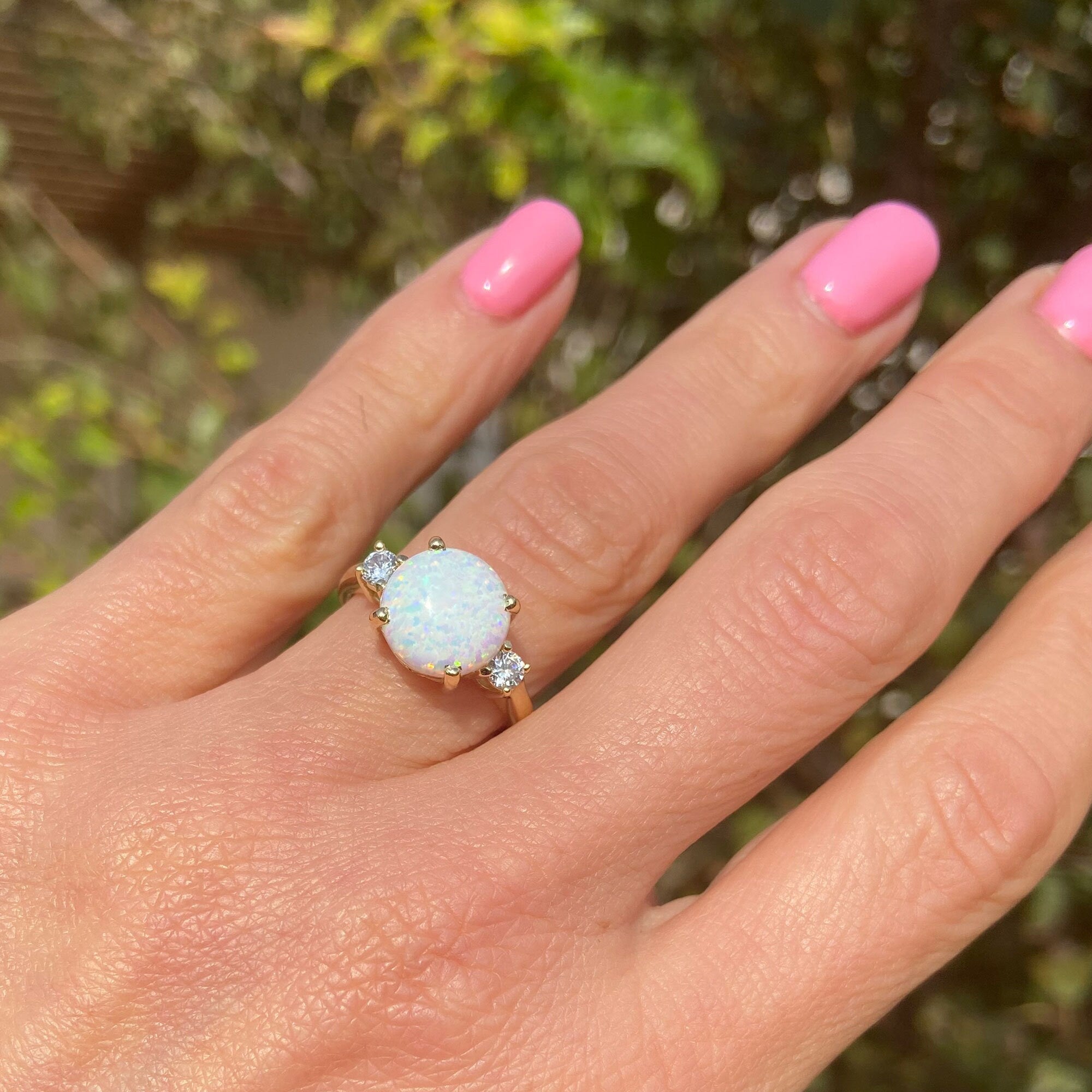 White Opal Ring - Round White Opal Gemstone Statement Engagement Ring with Clear Quartz Accents - H.L.Jewelry