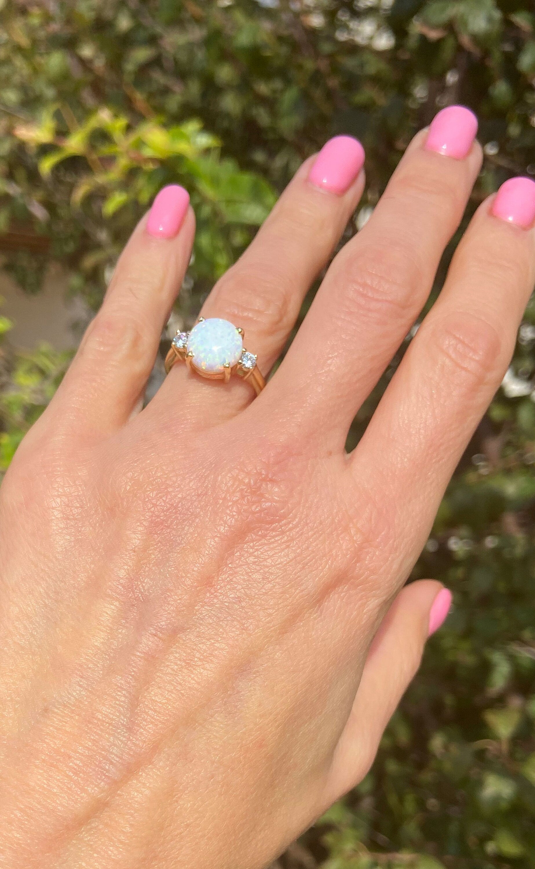 White Opal Ring - Round White Opal Gemstone Statement Engagement Ring with Clear Quartz Accents - H.L.Jewelry