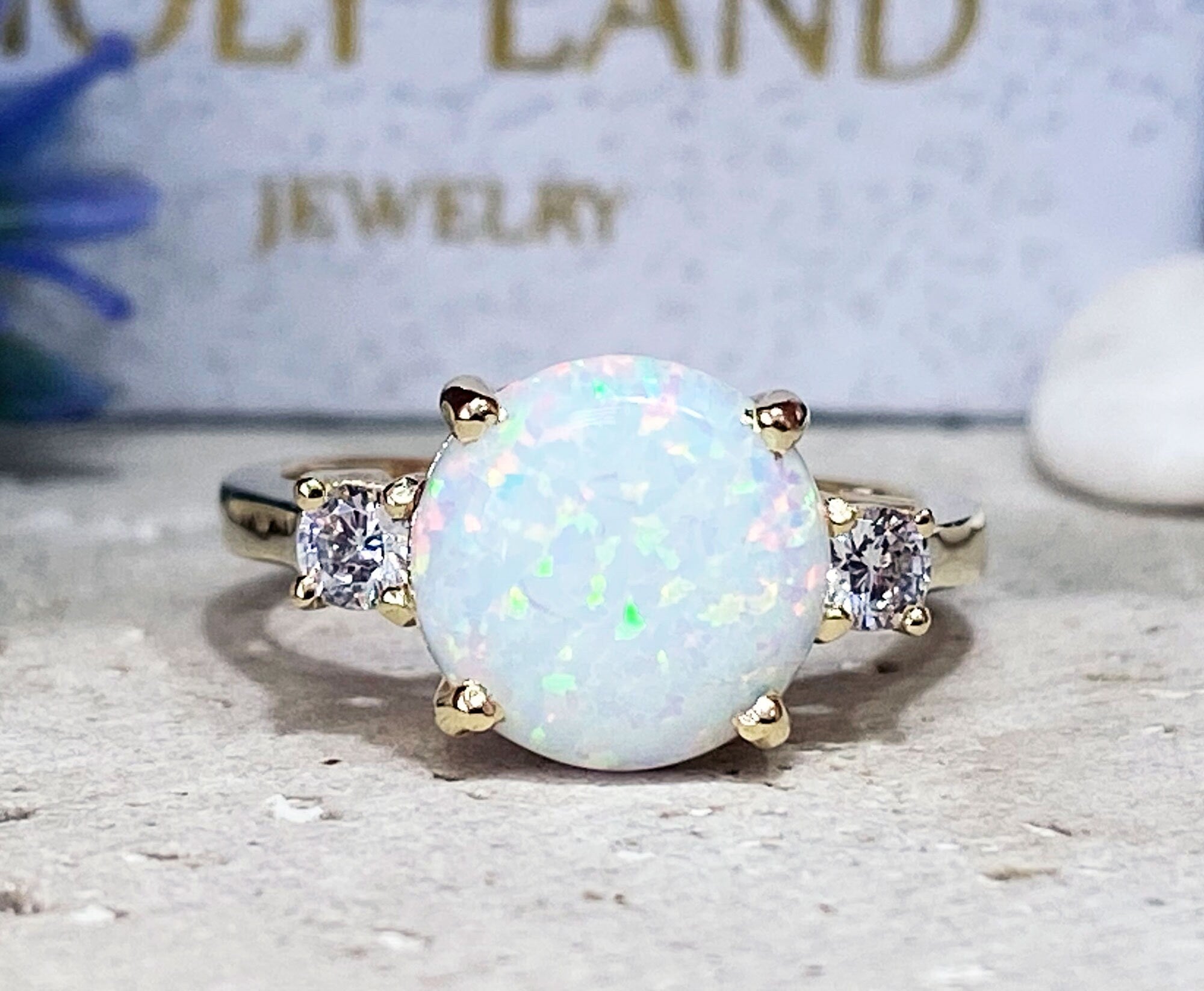 White Opal Ring - Round White Opal Gemstone Statement Engagement Ring with Clear Quartz Accents - H.L.Jewelry