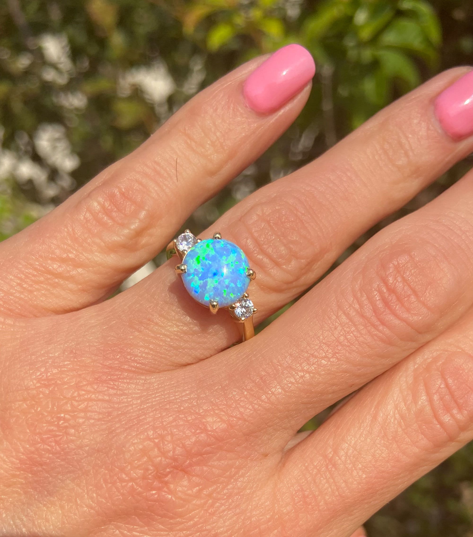 Blue Opal Ring - October Birthstone - Statement Engagement Ring with Round Blue Opal Gemstone and Clear Quartz Accents - H.L.Jewelry