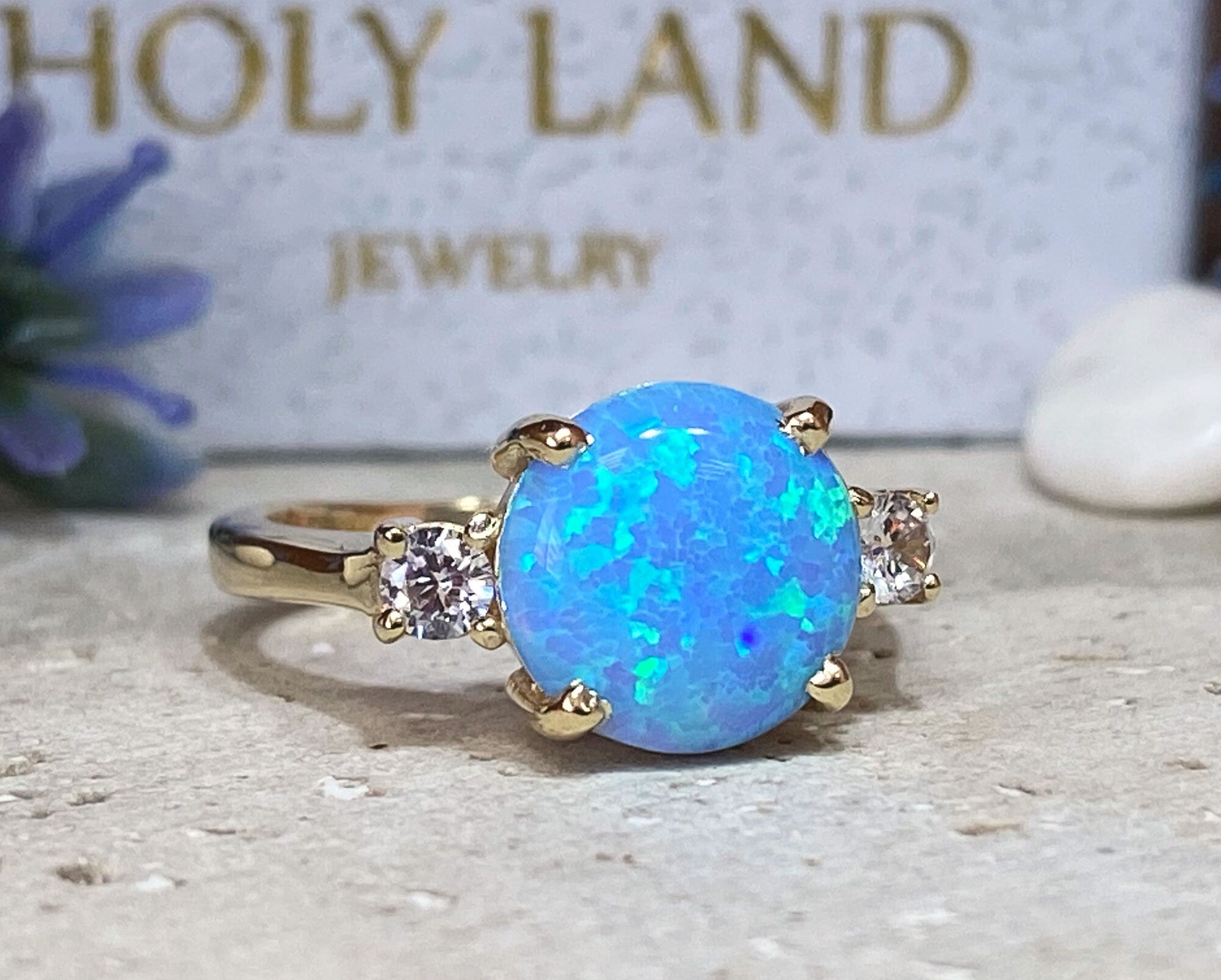 Blue Opal Ring - October Birthstone - Statement Engagement Ring with Round Blue Opal Gemstone and Clear Quartz Accents - H.L.Jewelry