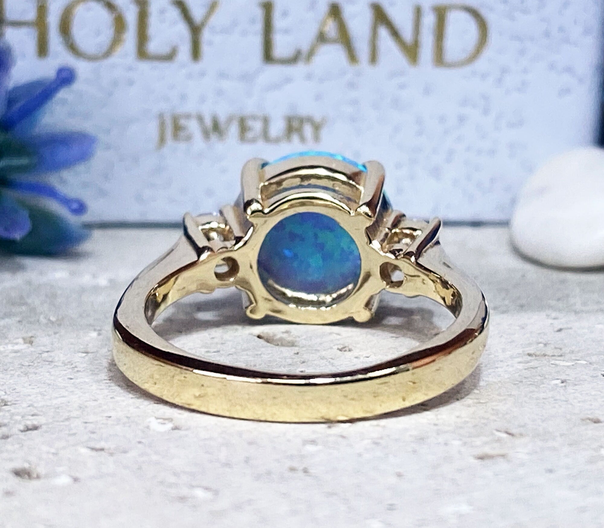 Blue Opal Ring - October Birthstone - Statement Engagement Ring with Round Blue Opal Gemstone and Clear Quartz Accents - H.L.Jewelry