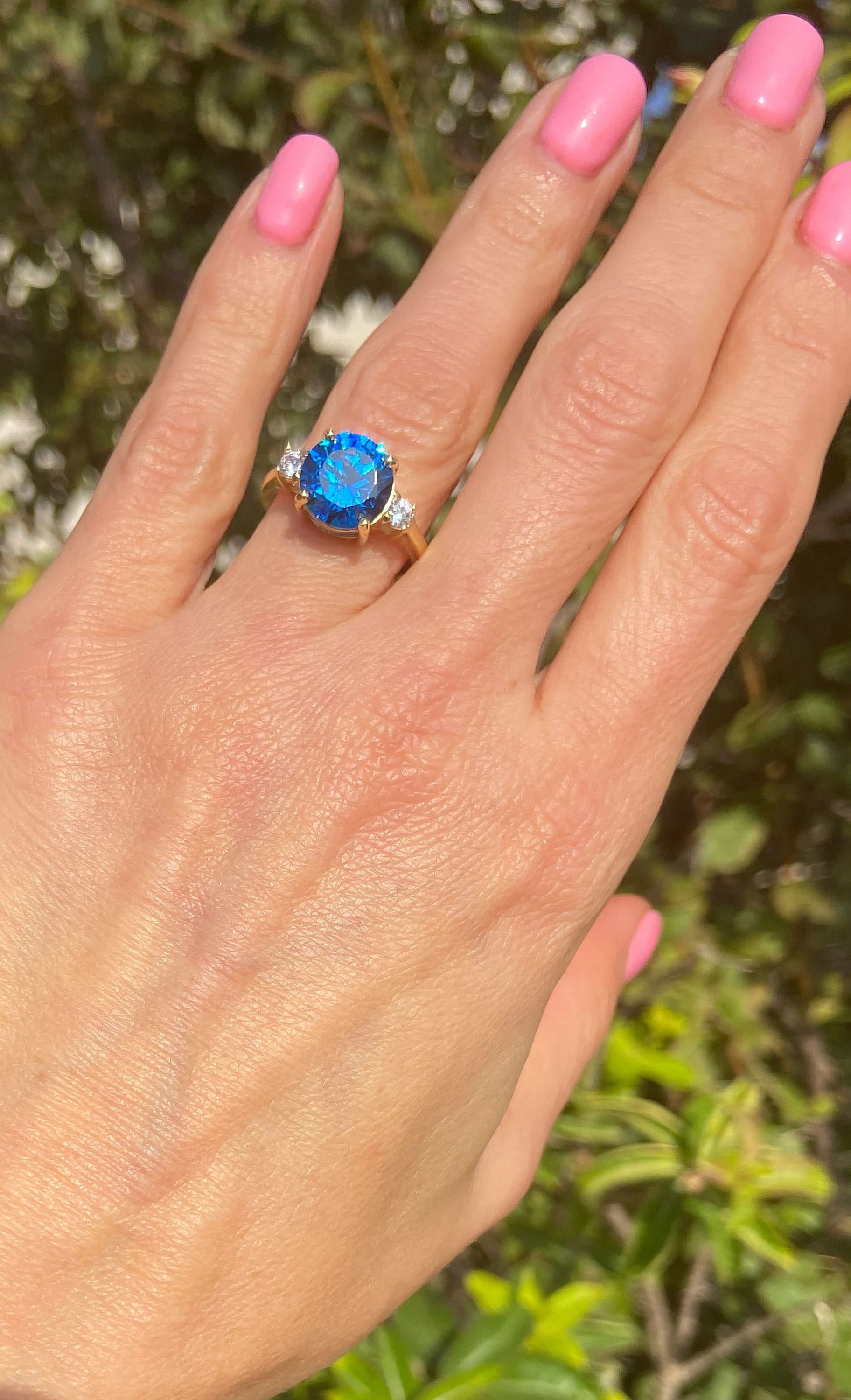 Blue Topaz Ring - December Birthstone - Round Blue Topaz Statement Engagement Ring with Clear Quartz Accents - H.L.Jewelry