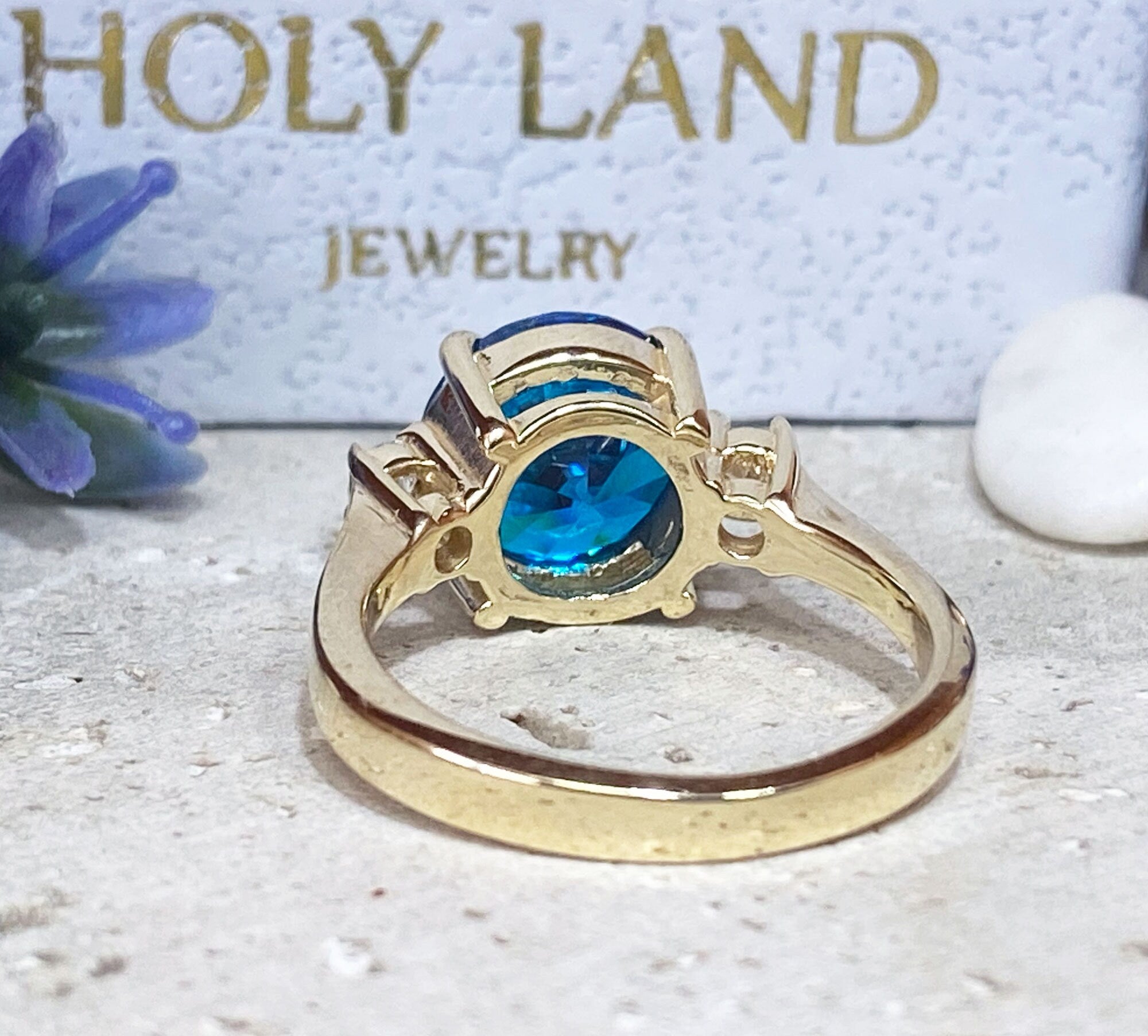 Blue Topaz Ring - December Birthstone - Round Blue Topaz Statement Engagement Ring with Clear Quartz Accents - H.L.Jewelry