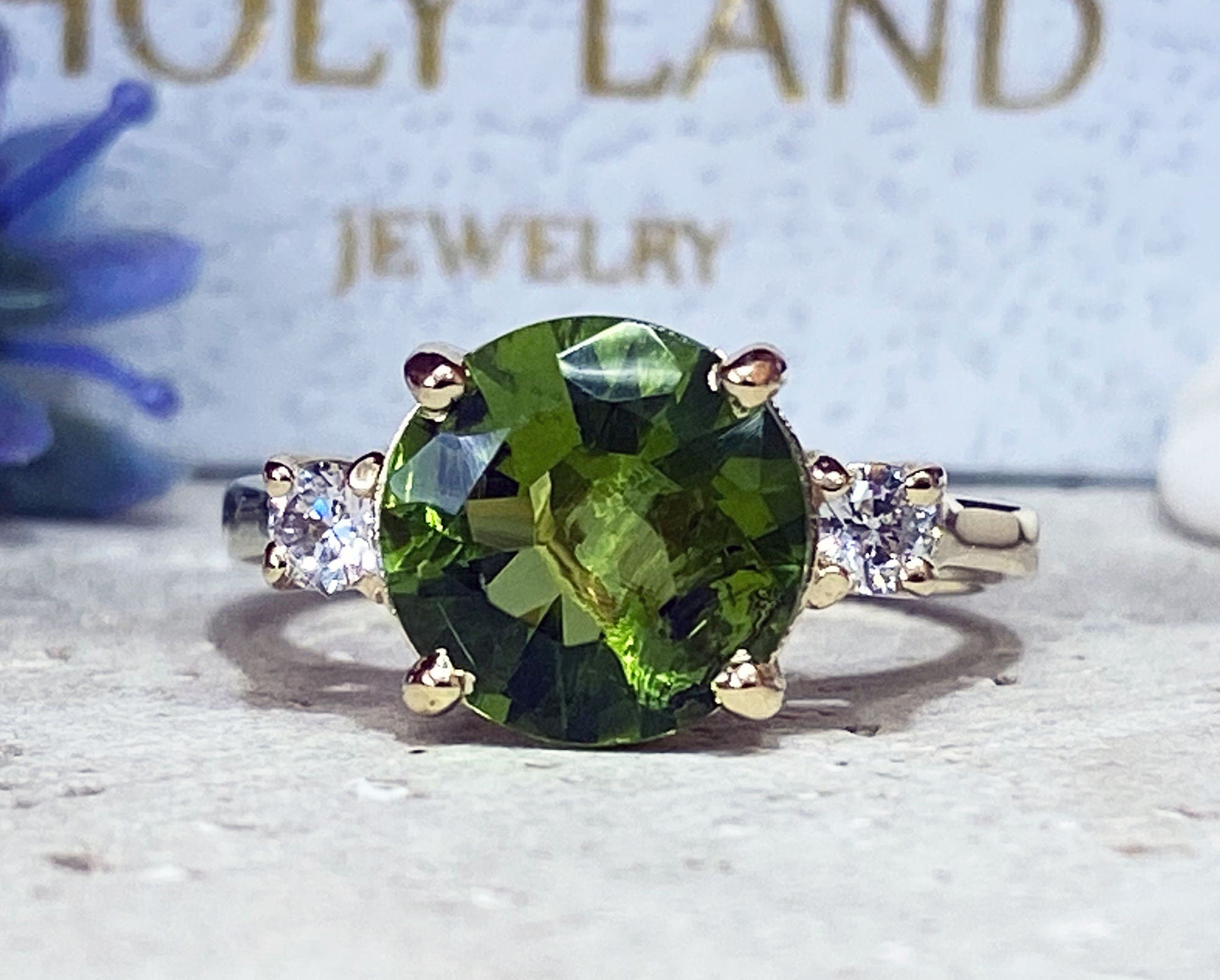 Peridot Ring - August Birthstone - Statement Engagement Ring with Round Peridot Gemstone and Clear Quartz Accents - H.L.Jewelry