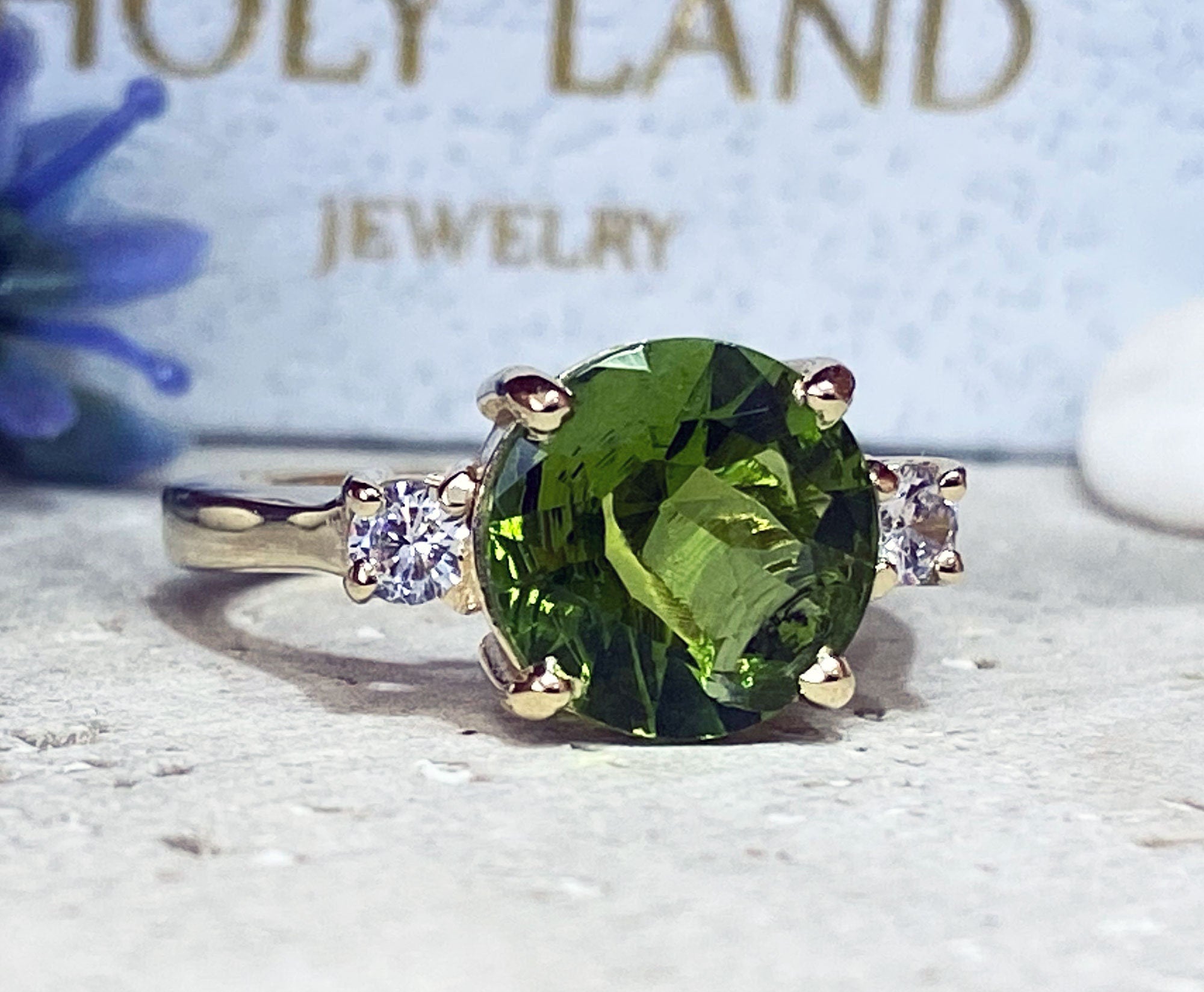 Peridot Ring - August Birthstone - Statement Engagement Ring with Round Peridot Gemstone and Clear Quartz Accents - H.L.Jewelry