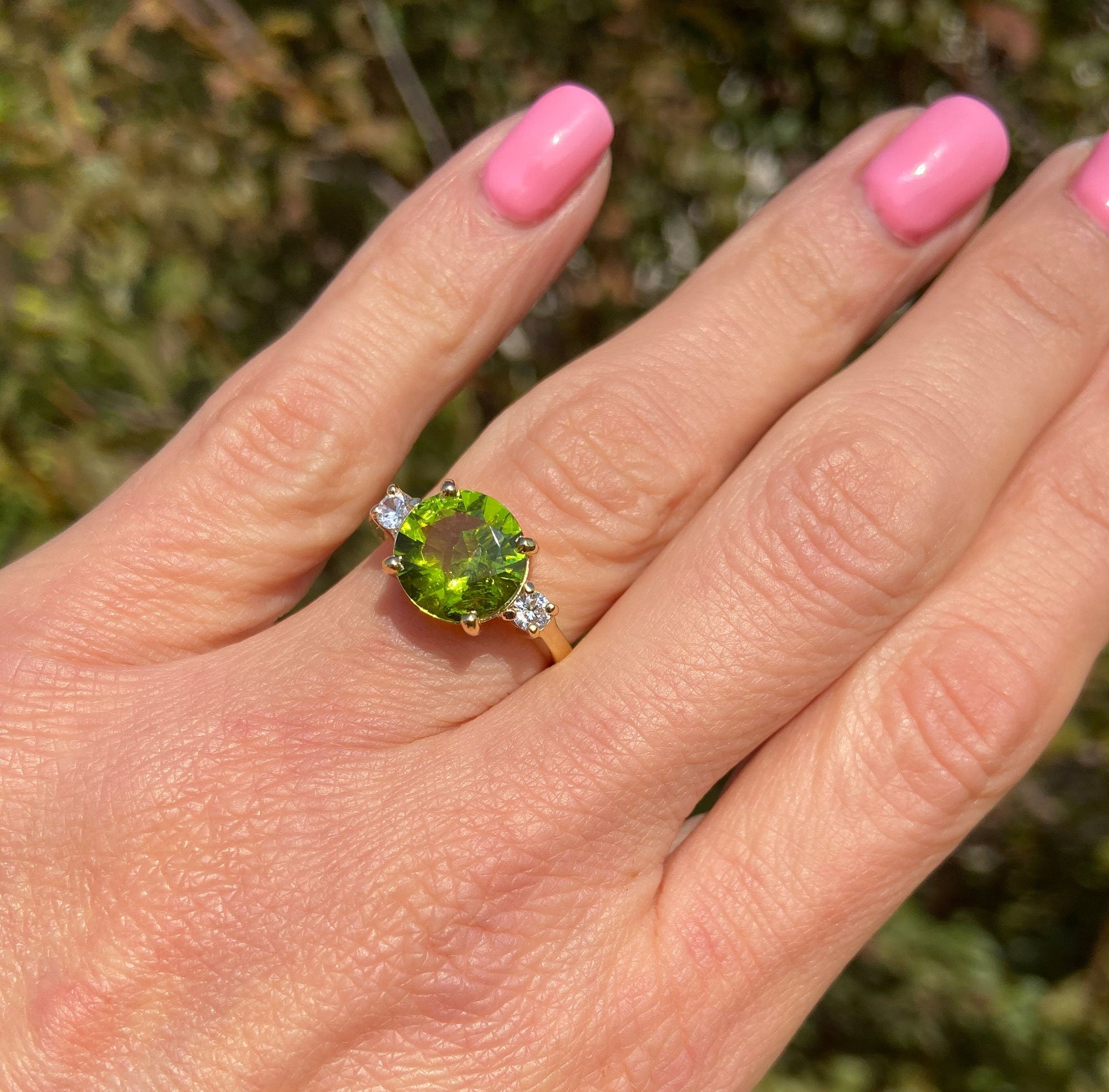 Peridot Ring - August Birthstone - Statement Engagement Ring with Round Peridot Gemstone and Clear Quartz Accents - H.L.Jewelry