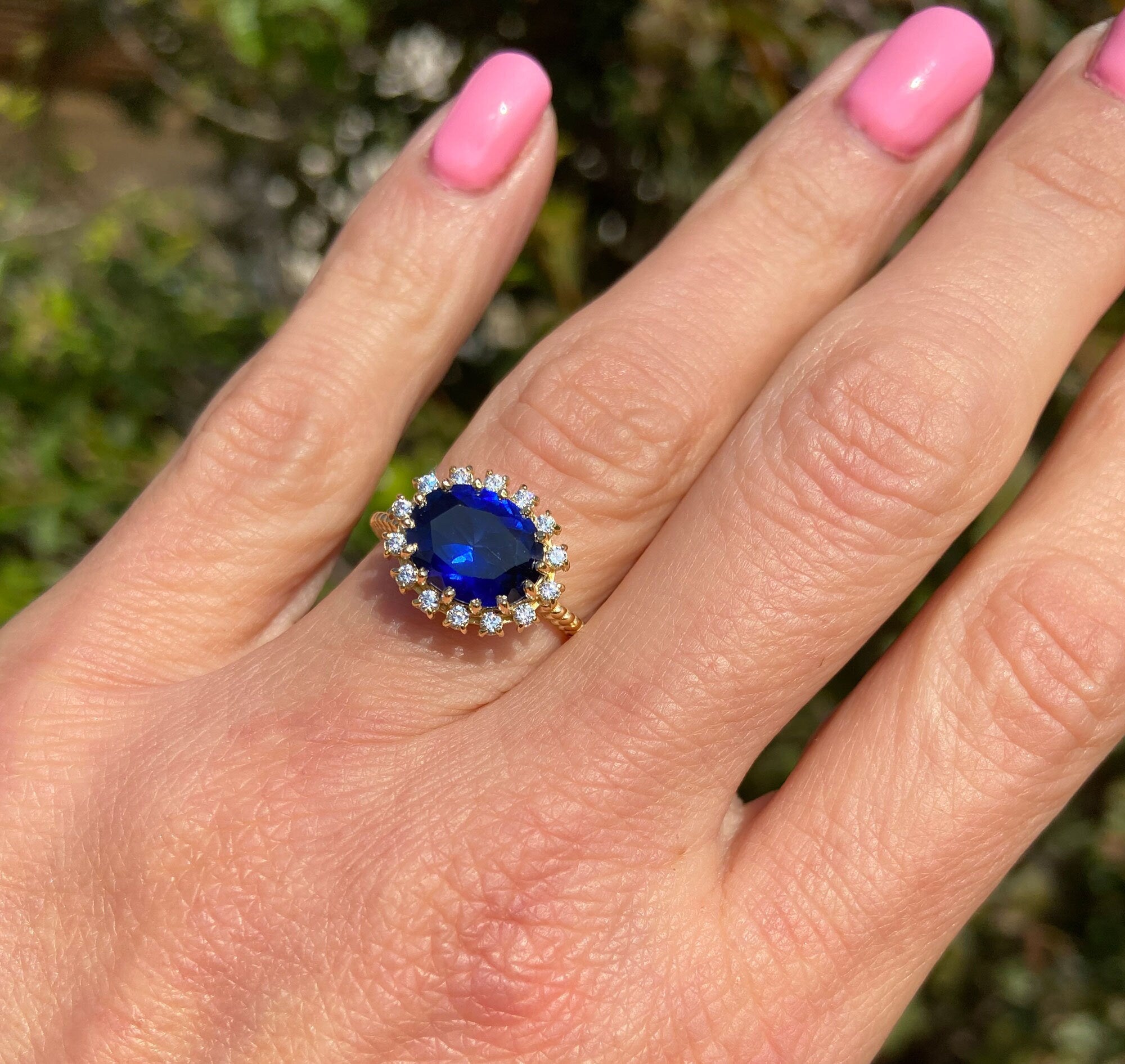 Blue Sapphire Ring - September Birthstone - Engagement Ring with Oval Blue Sapphire Gemstone and Clear Quartz Halo - H.L.Jewelry