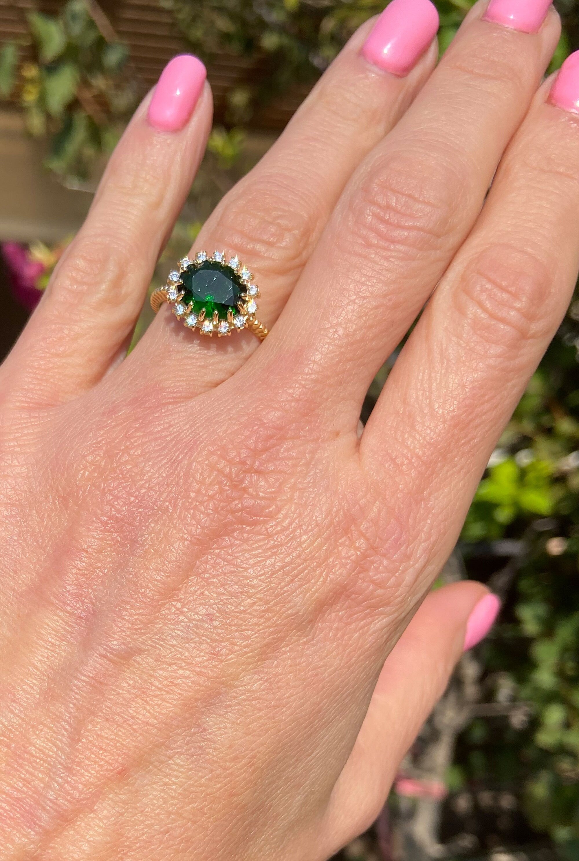 Emerald Ring - May Birthstone - Engagement Ring with Oval Emerald Gemstone and Clear Quartz Halo - H.L.Jewelry