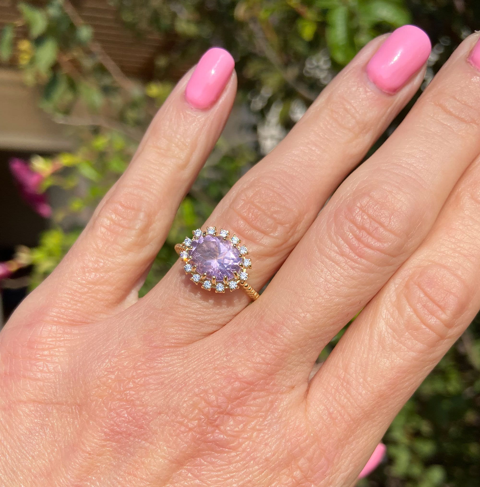 Lavender Amethyst Ring - Engagement Ring with Oval Lavender Amethyst Gemstone and Clear Quartz Halo - H.L.Jewelry