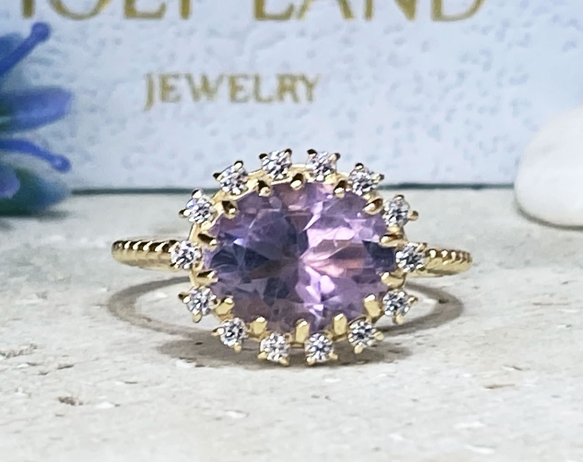 Lavender Amethyst Ring - Engagement Ring with Oval Lavender Amethyst Gemstone and Clear Quartz Halo - H.L.Jewelry