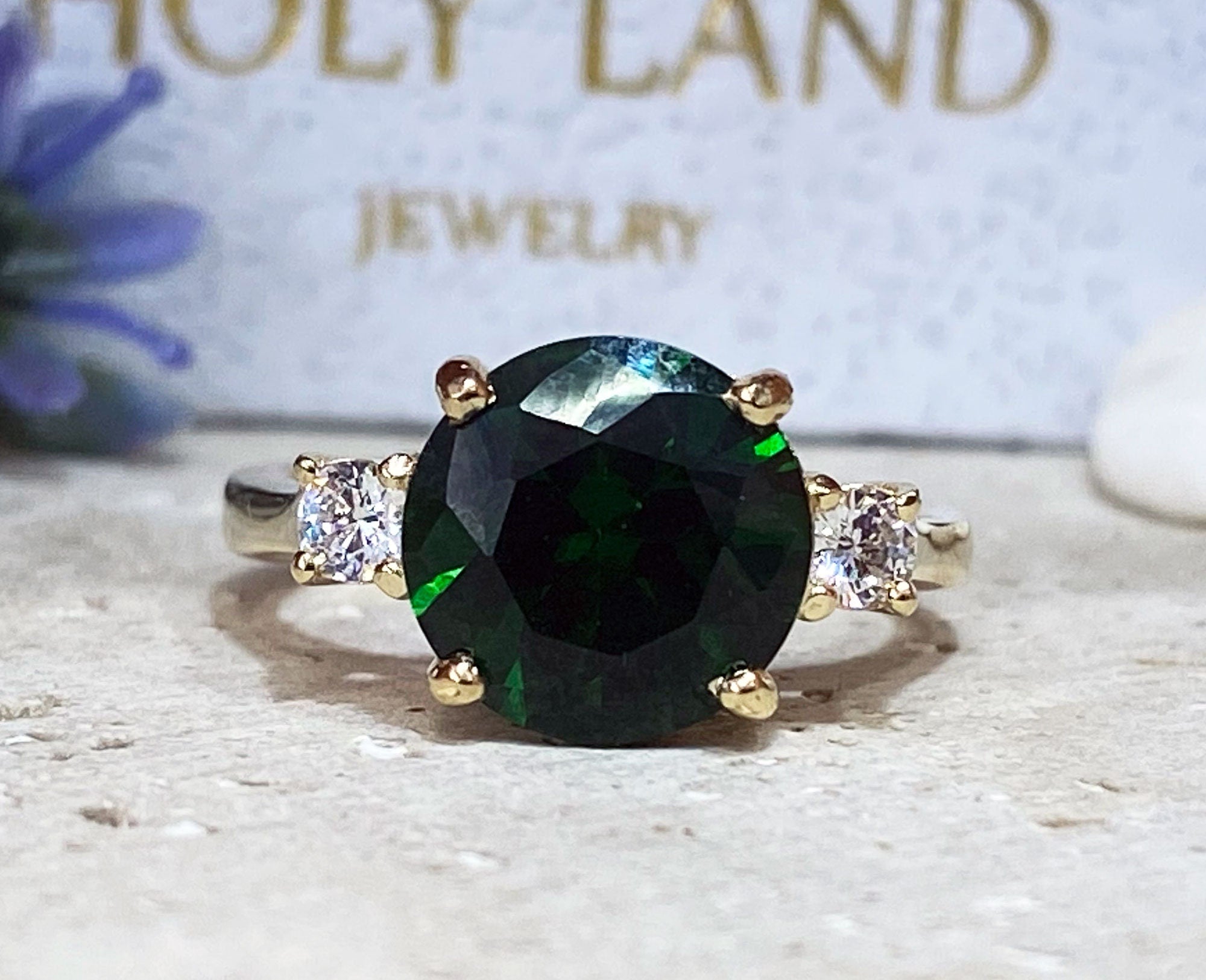 Emerald Ring - May Birthstone - Statement Engagement Ring with Round Emerald Gemstone and Clear Quartz Accents - H.L.Jewelry