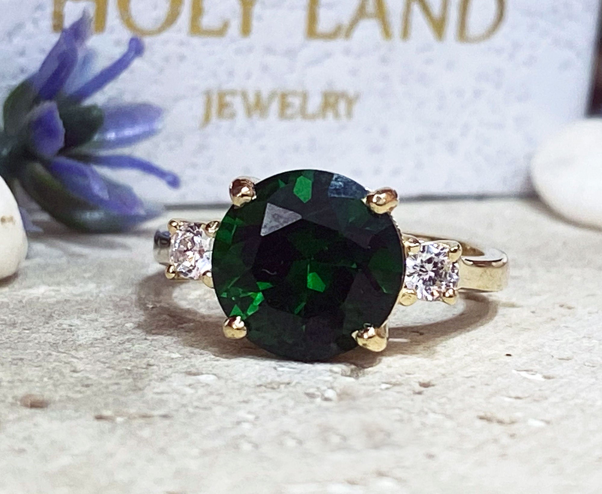 Emerald Ring - May Birthstone - Statement Engagement Ring with Round Emerald Gemstone and Clear Quartz Accents - H.L.Jewelry