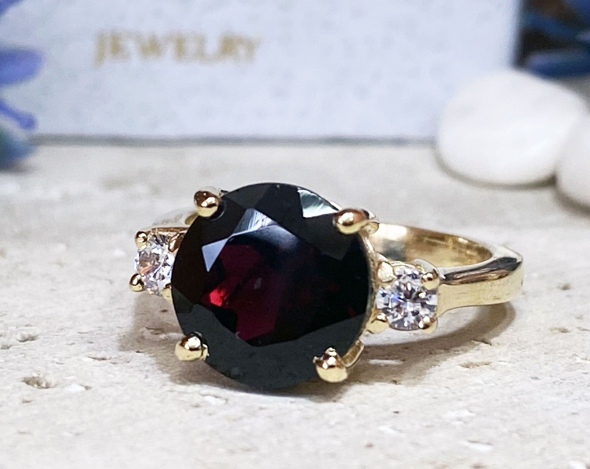 Red Garnet Ring - January Birthstone - Round Red Garnet Gemstone Statement Engagement Ring - H.L.Jewelry