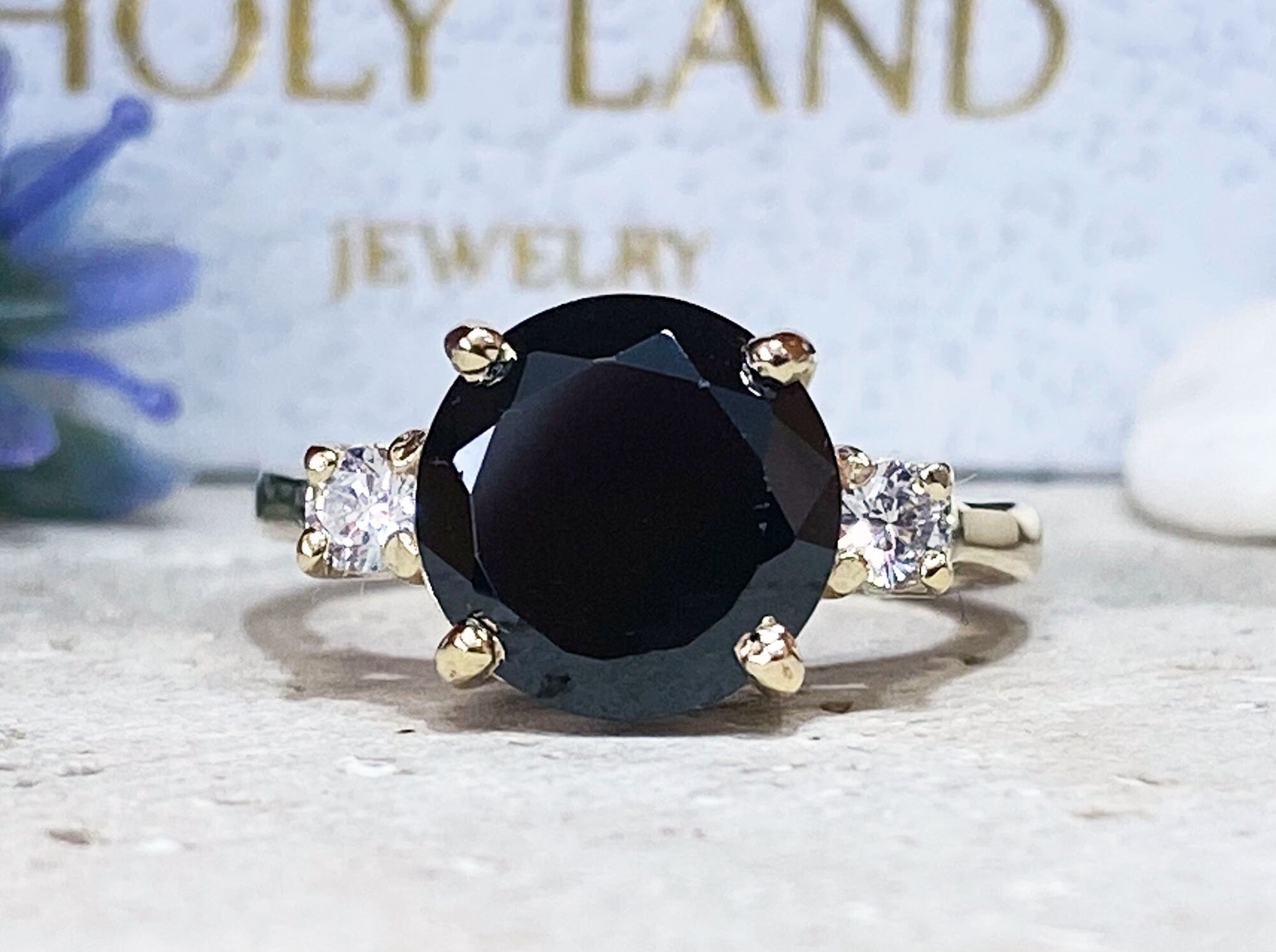 Black Onyx Ring - December Birthstone - Statement Engagement Ring with Round Black Onyx Gemstone and Clear Quartz Accents - H.L.Jewelry