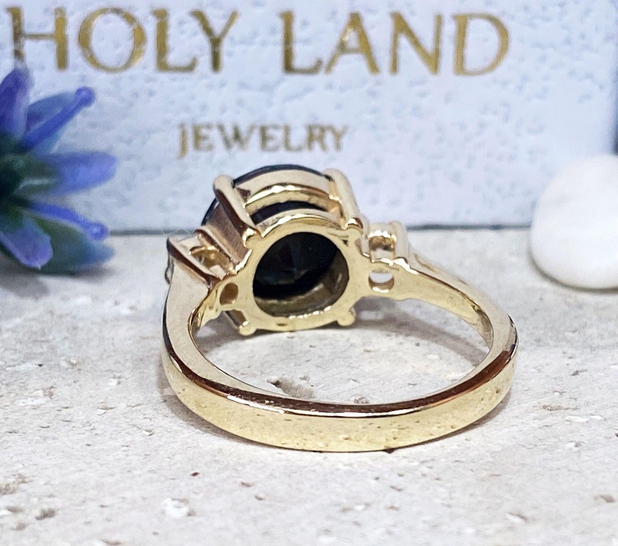 Black Onyx Ring - December Birthstone - Statement Engagement Ring with Round Black Onyx Gemstone and Clear Quartz Accents - H.L.Jewelry