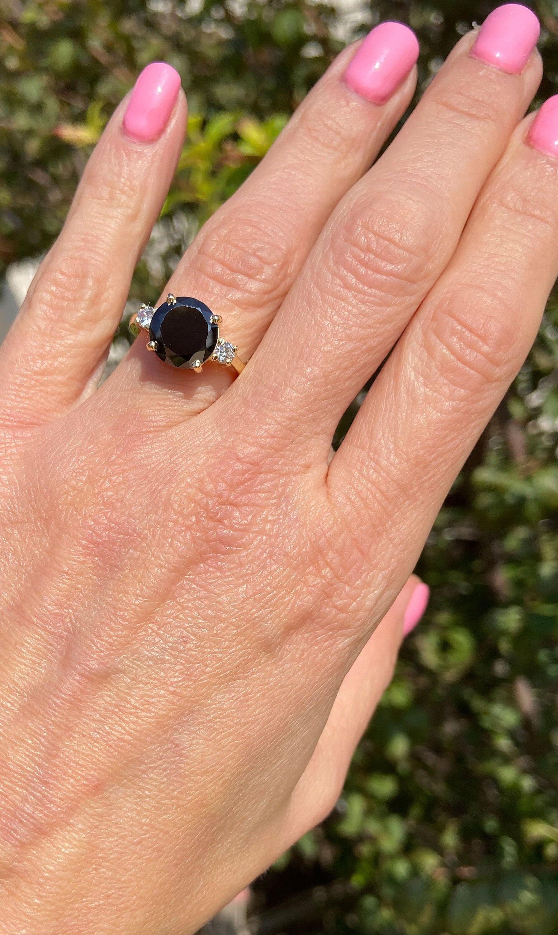 Black Onyx Ring - December Birthstone - Statement Engagement Ring with Round Black Onyx Gemstone and Clear Quartz Accents - H.L.Jewelry