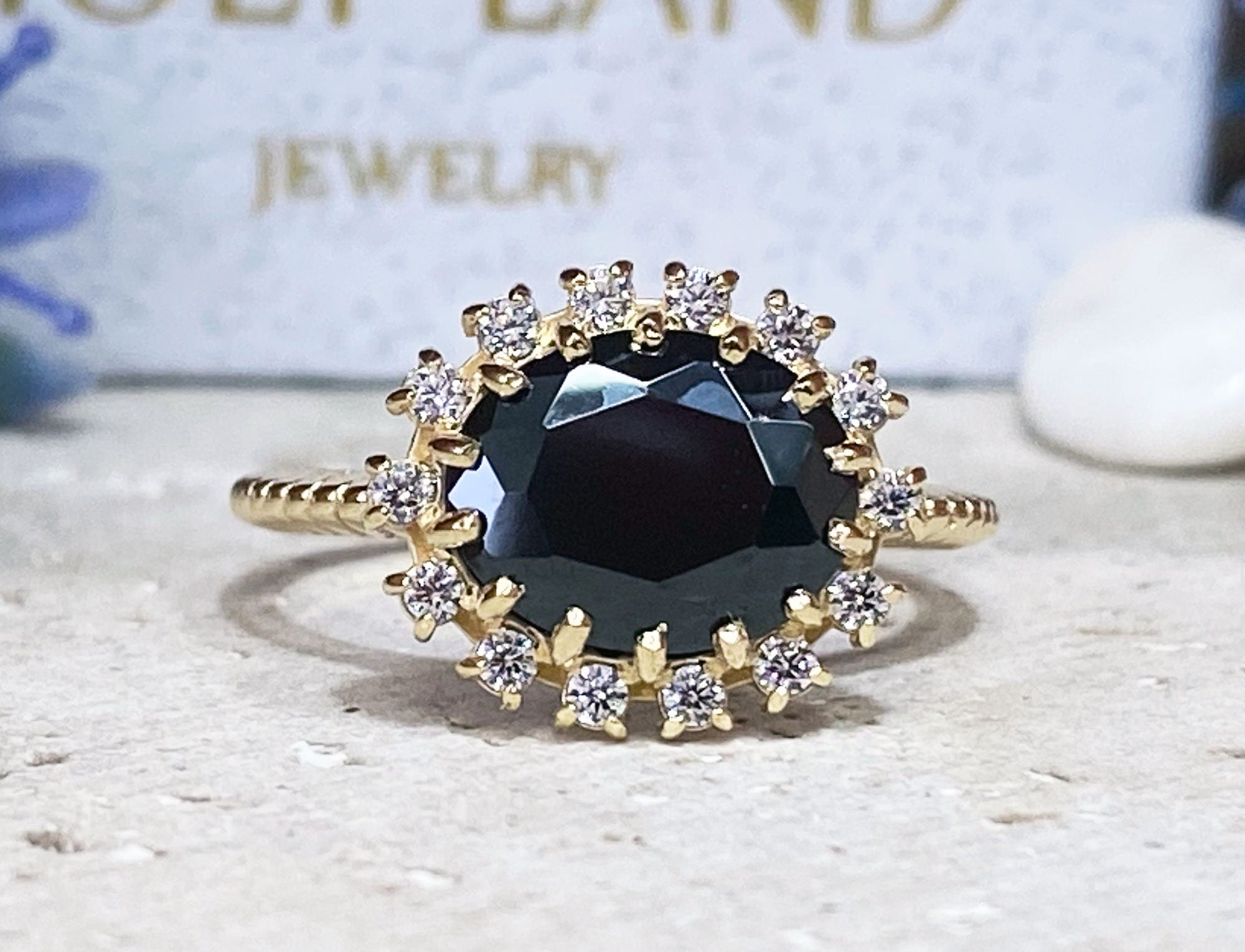 Black Onyx Ring - December BIrthstone - Engagement Ring with Oval Black Onyx Gemstone and Clear Quartz Halo - H.L.Jewelry