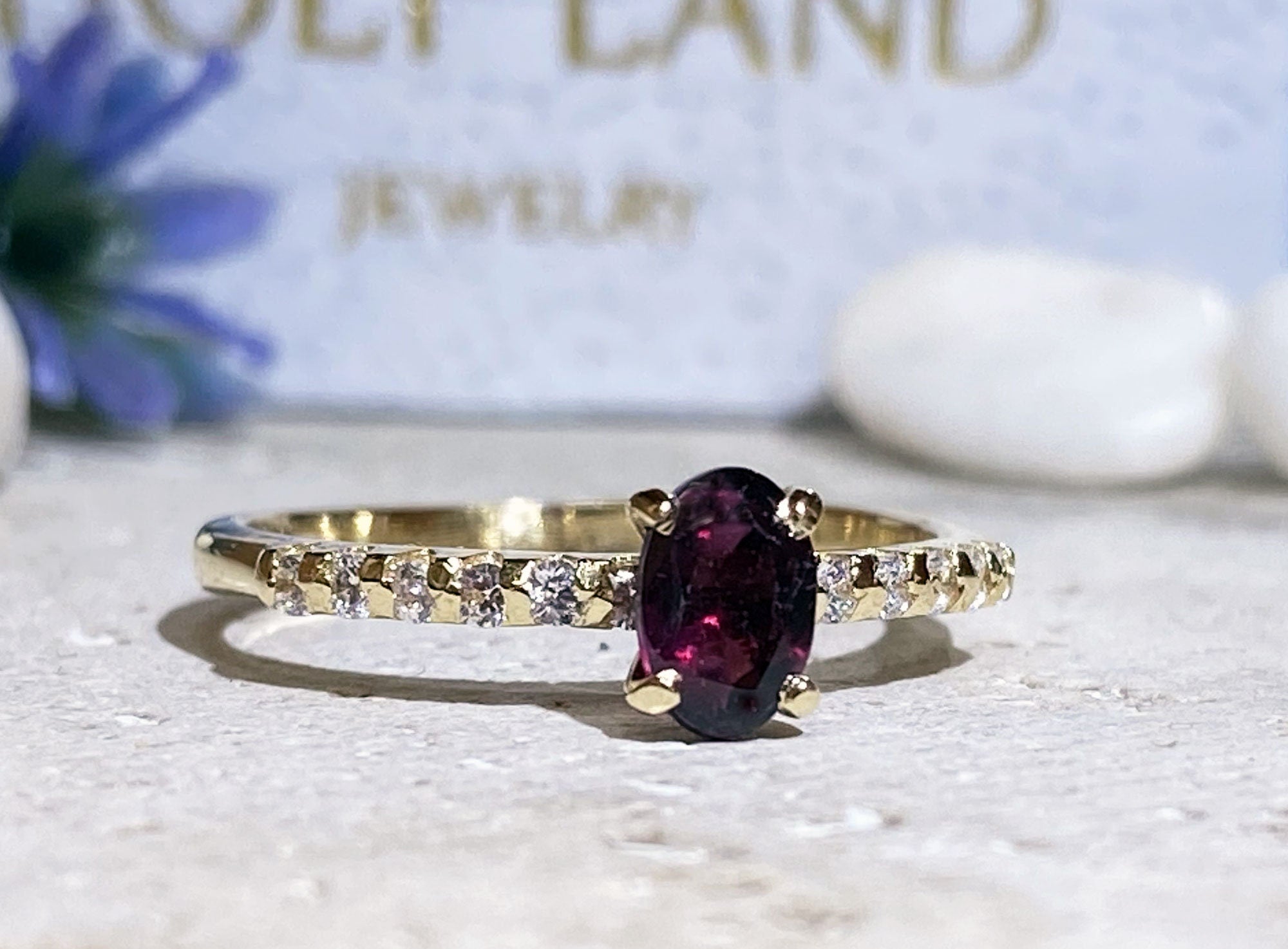 Red Garnet Ring - January Birthstone - Oval Red Garnet Gemstone Ring with Clear Quartz Accents - H.L.Jewelry