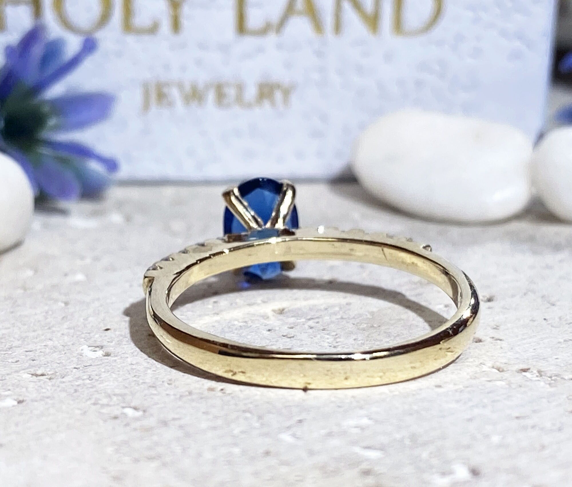 Blue Sapphire Ring - September Birthstone - Oval Blue Sapphire Gemstone Ring with Clear Quartz Accents - H.L.Jewelry