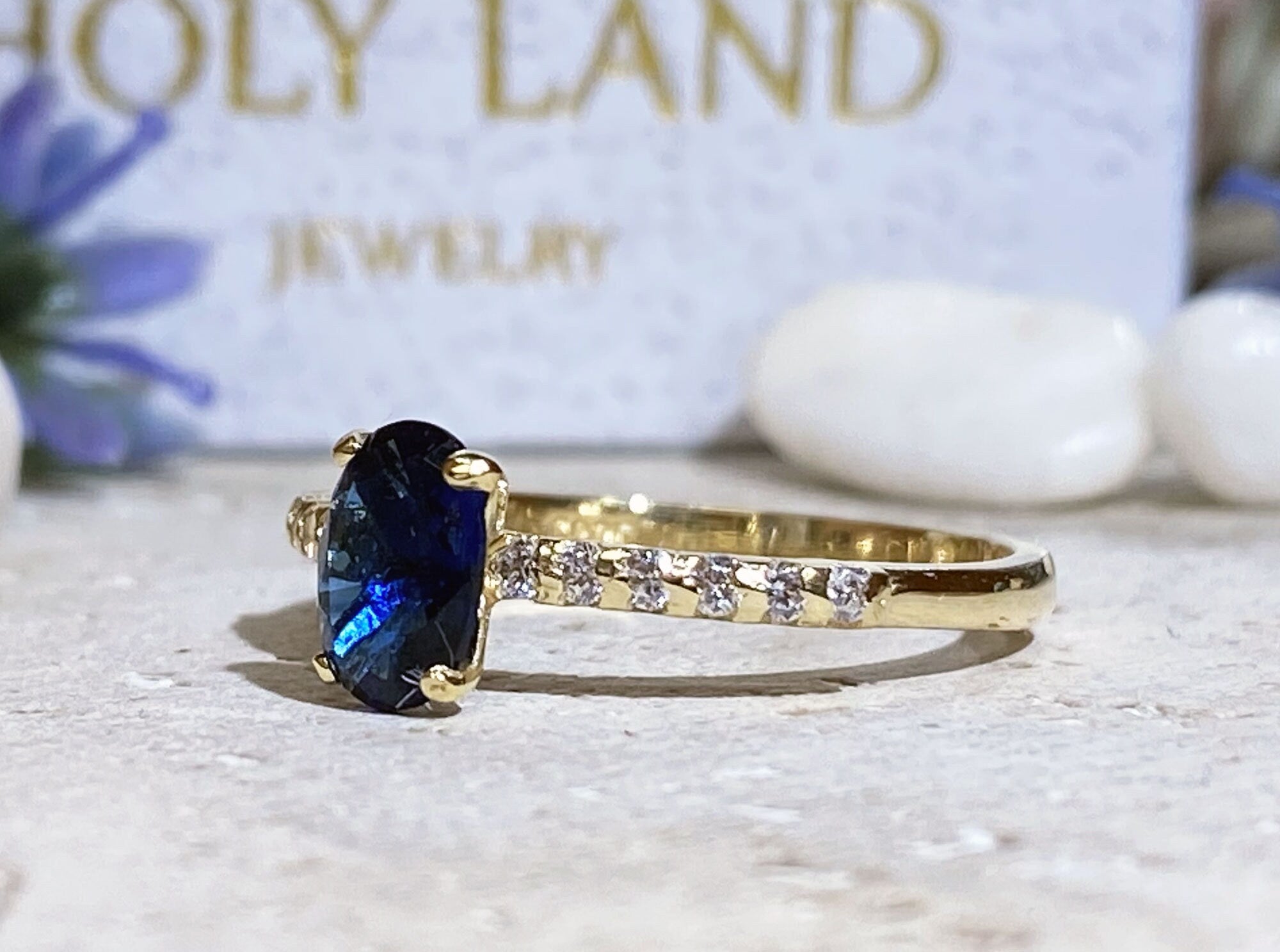 Blue Sapphire Ring - September Birthstone - Oval Blue Sapphire Gemstone Ring with Clear Quartz Accents - H.L.Jewelry