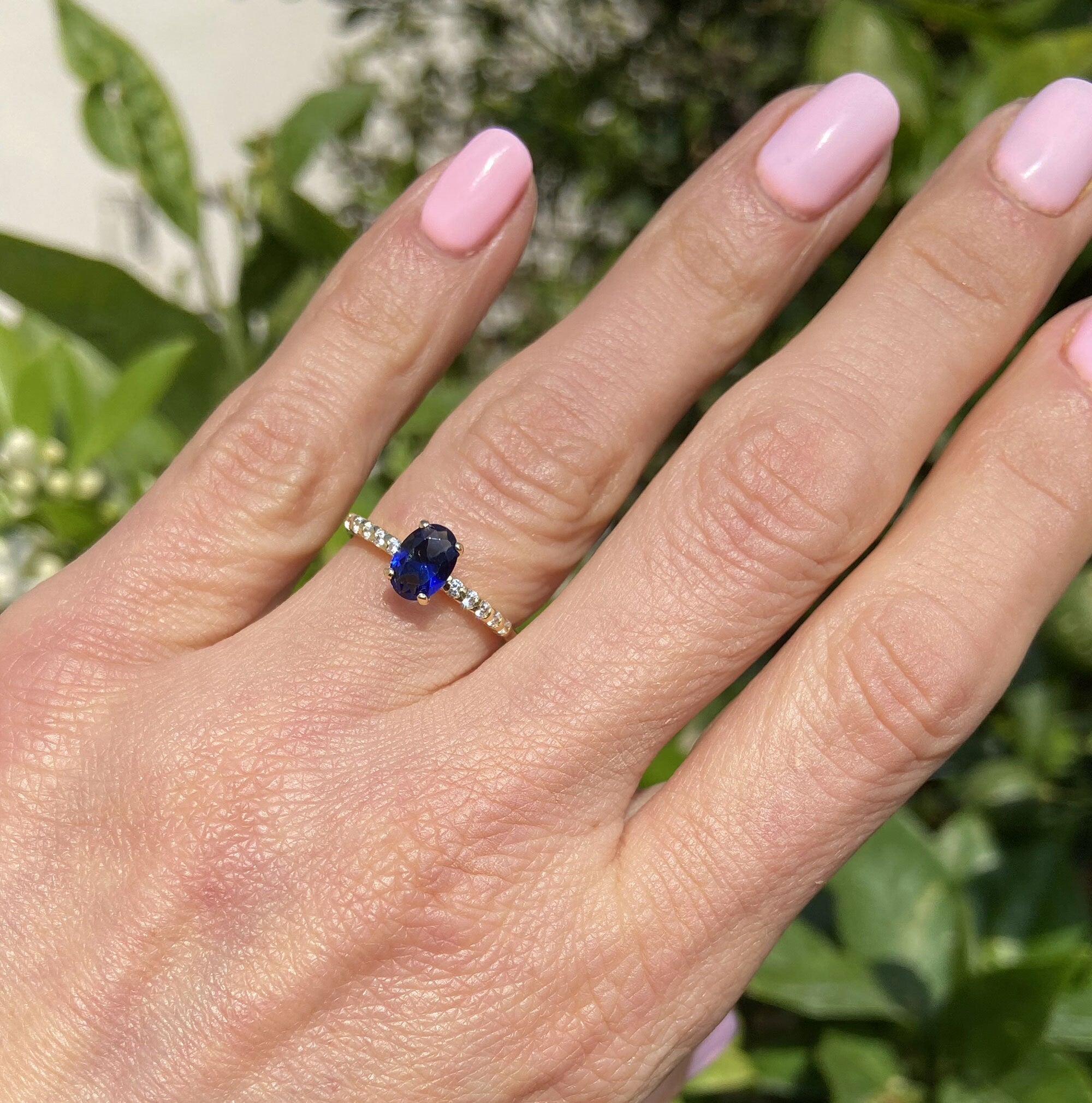 Blue Sapphire Ring - September Birthstone - Oval Blue Sapphire Gemstone Ring with Clear Quartz Accents - H.L.Jewelry