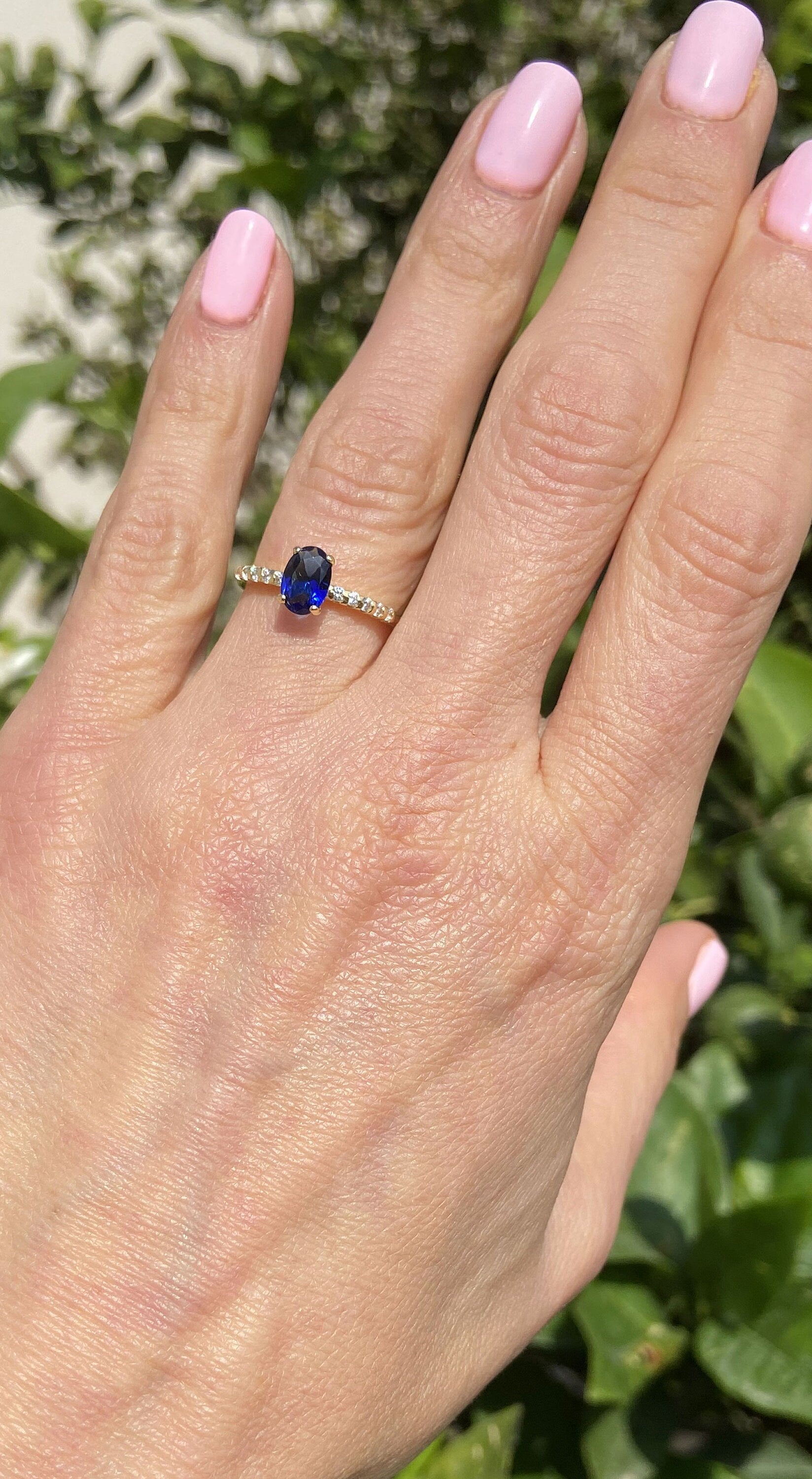 Blue Sapphire Ring - September Birthstone - Oval Blue Sapphire Gemstone Ring with Clear Quartz Accents - H.L.Jewelry