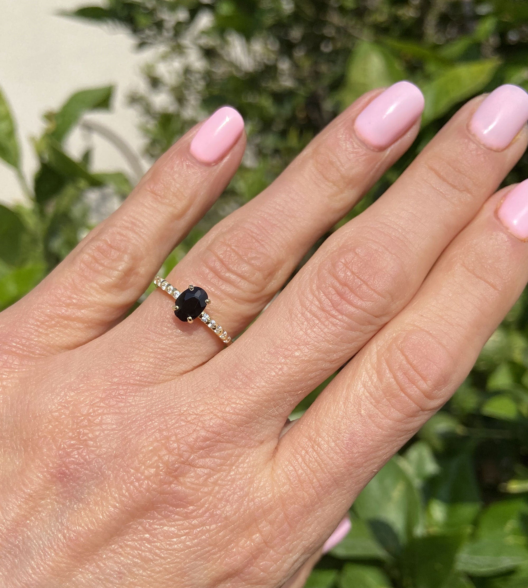 Black Onyx Ring - December Birthstone - Delicate Engagement Ring with Oval Black Onyx Center Gemstone and Clear Quartz Accents - H.L.Jewelry