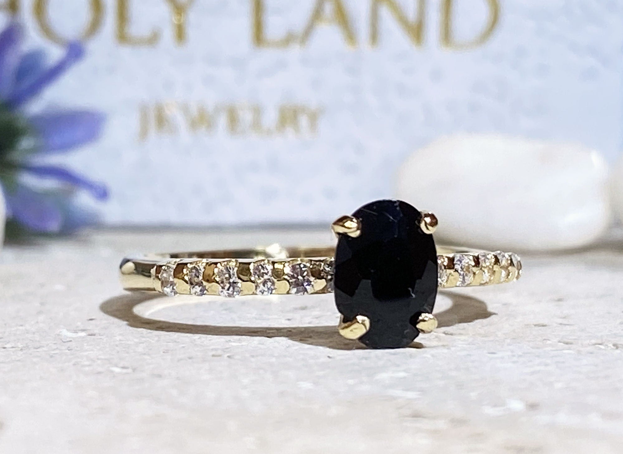 Black Onyx Ring - December Birthstone - Delicate Engagement Ring with Oval Black Onyx Center Gemstone and Clear Quartz Accents - H.L.Jewelry