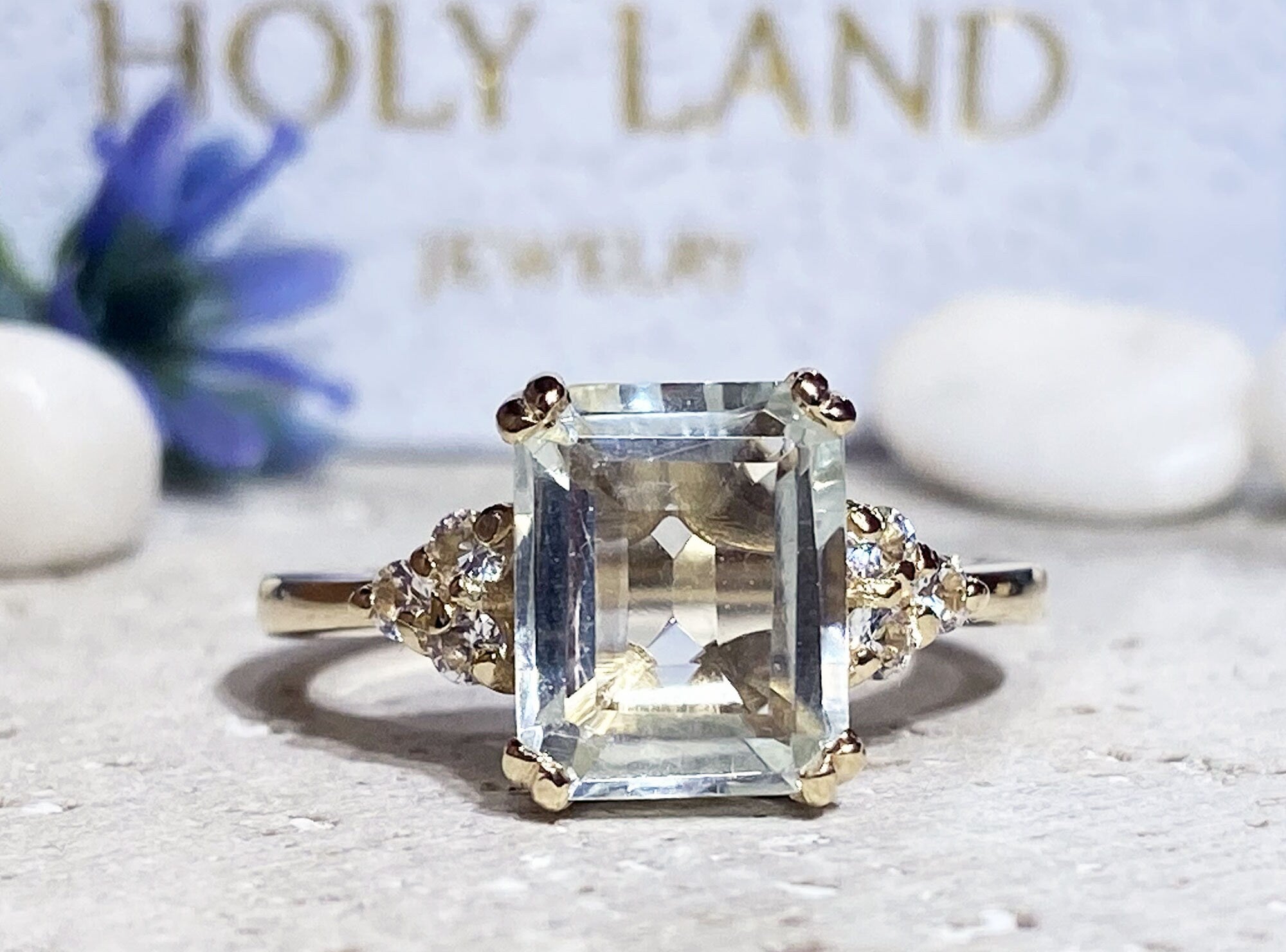 Green Amethyst Ring - Statement Engagement Ring with Octagon Green Amethyst Gemstone and Clear Quartz Accents - H.L.Jewelry